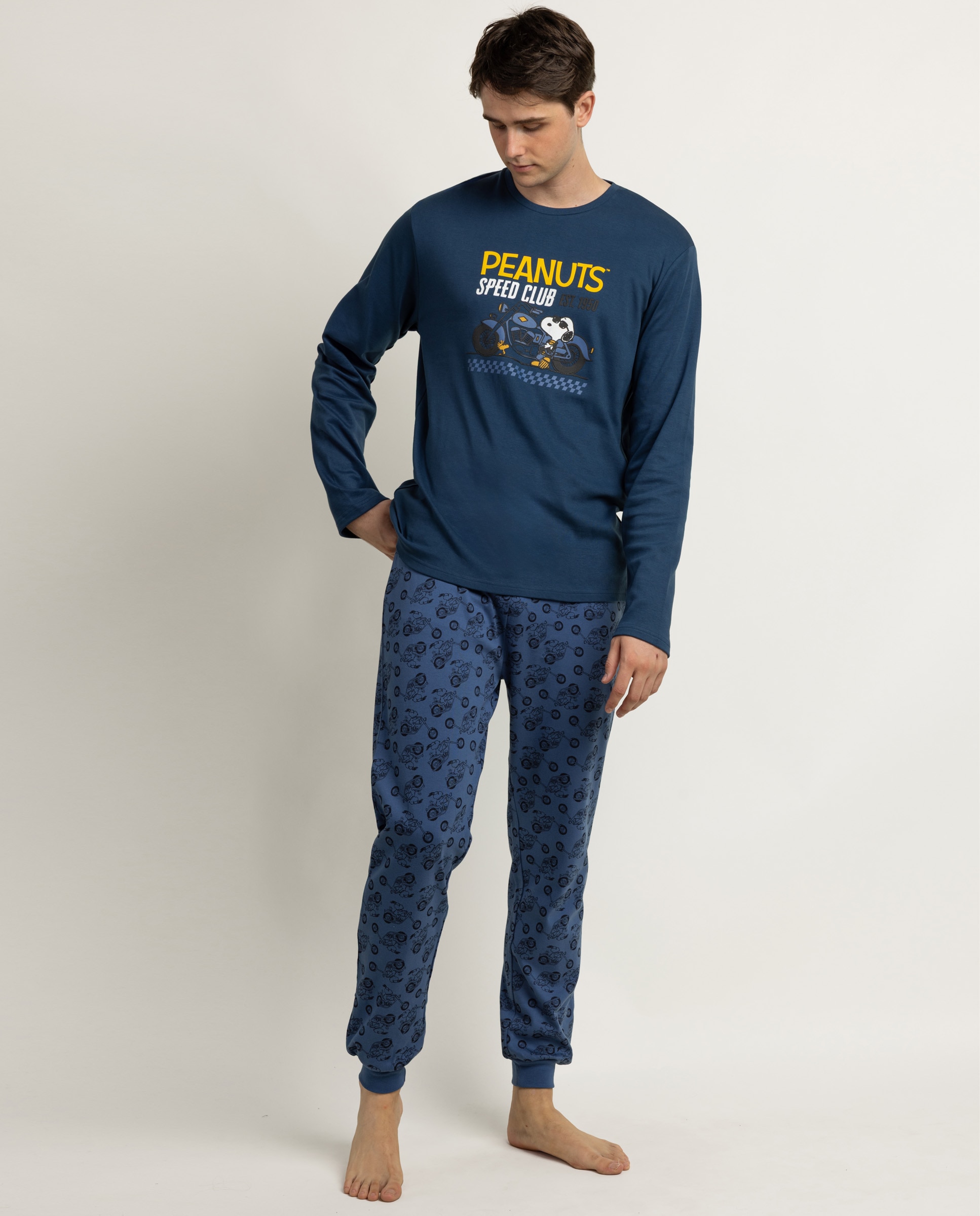 Imagen 0 de Pijama completo largo de hombre de punto de algodón Azul