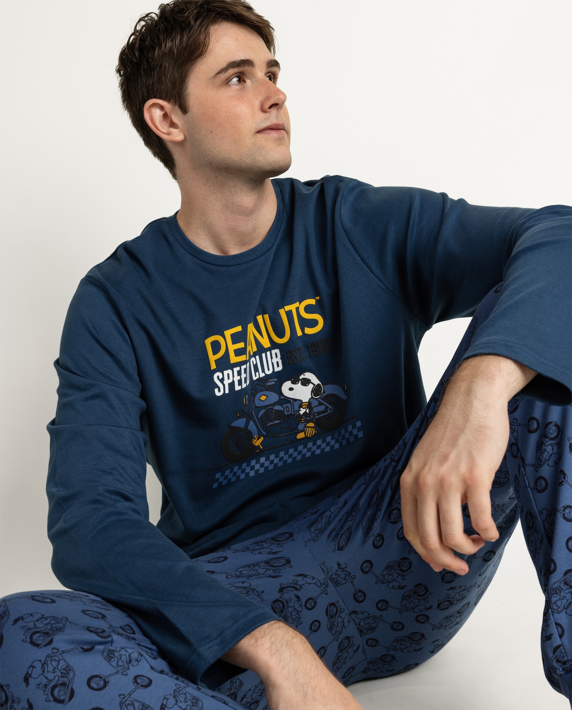 Pijama completo largo de hombre de punto de algodón - Peanuts - Azul Azul-3