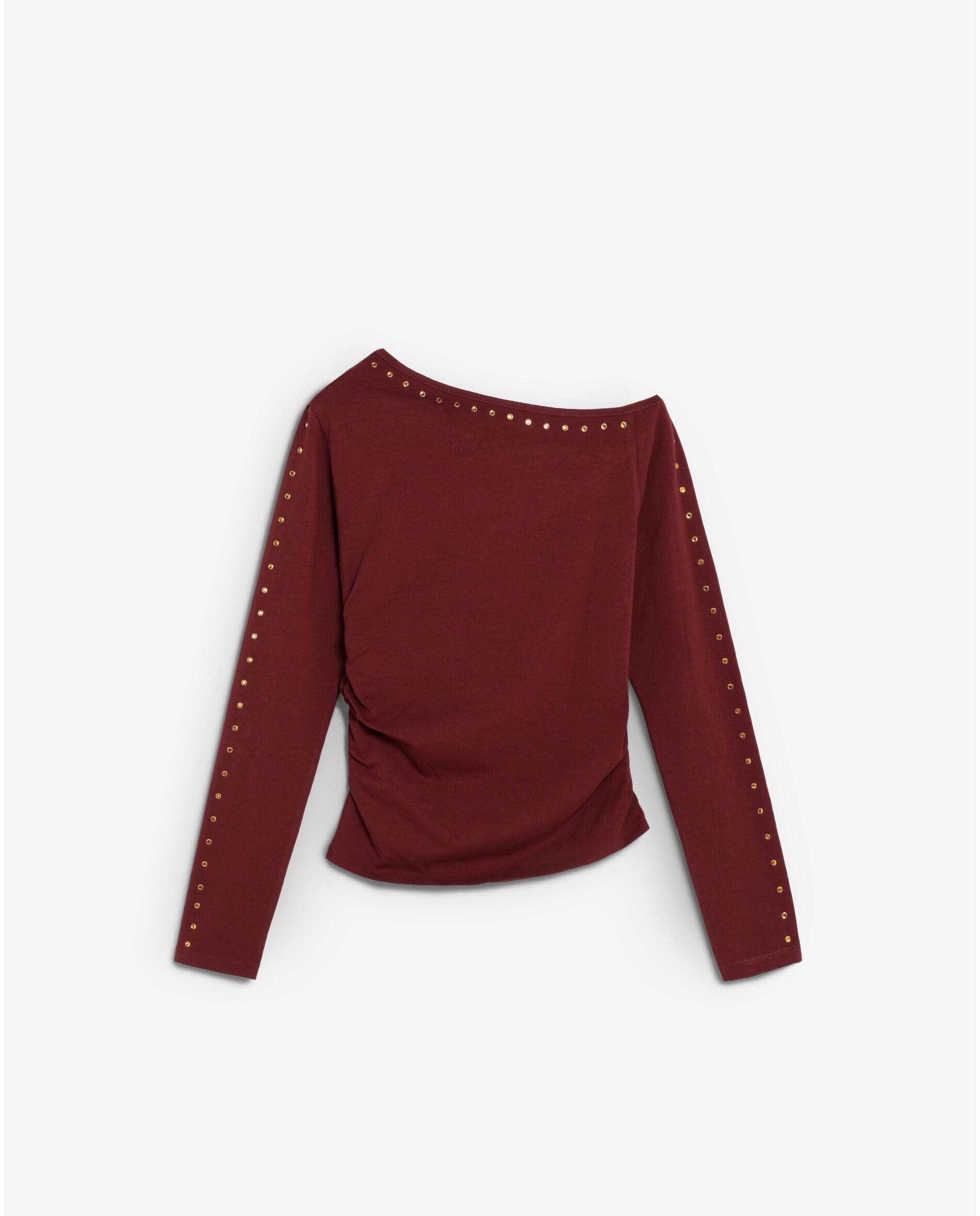 Imagen 0 de Camiseta de mujer con cuello barco y tachuelas metálicas Burdeos