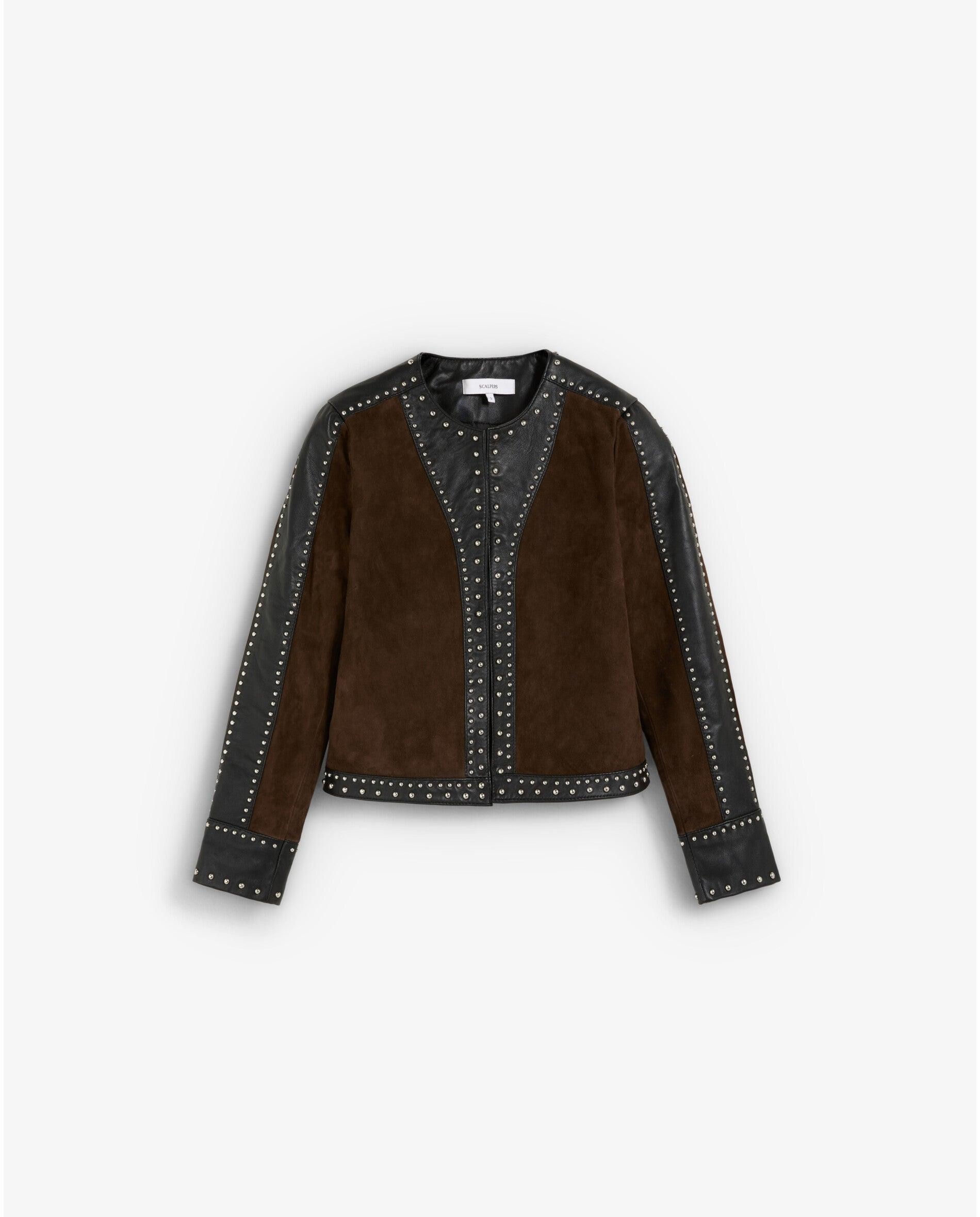 Chaqueta de mujer de piel y ante con studs decorativos - Scalpers - Marrón Marrón-1