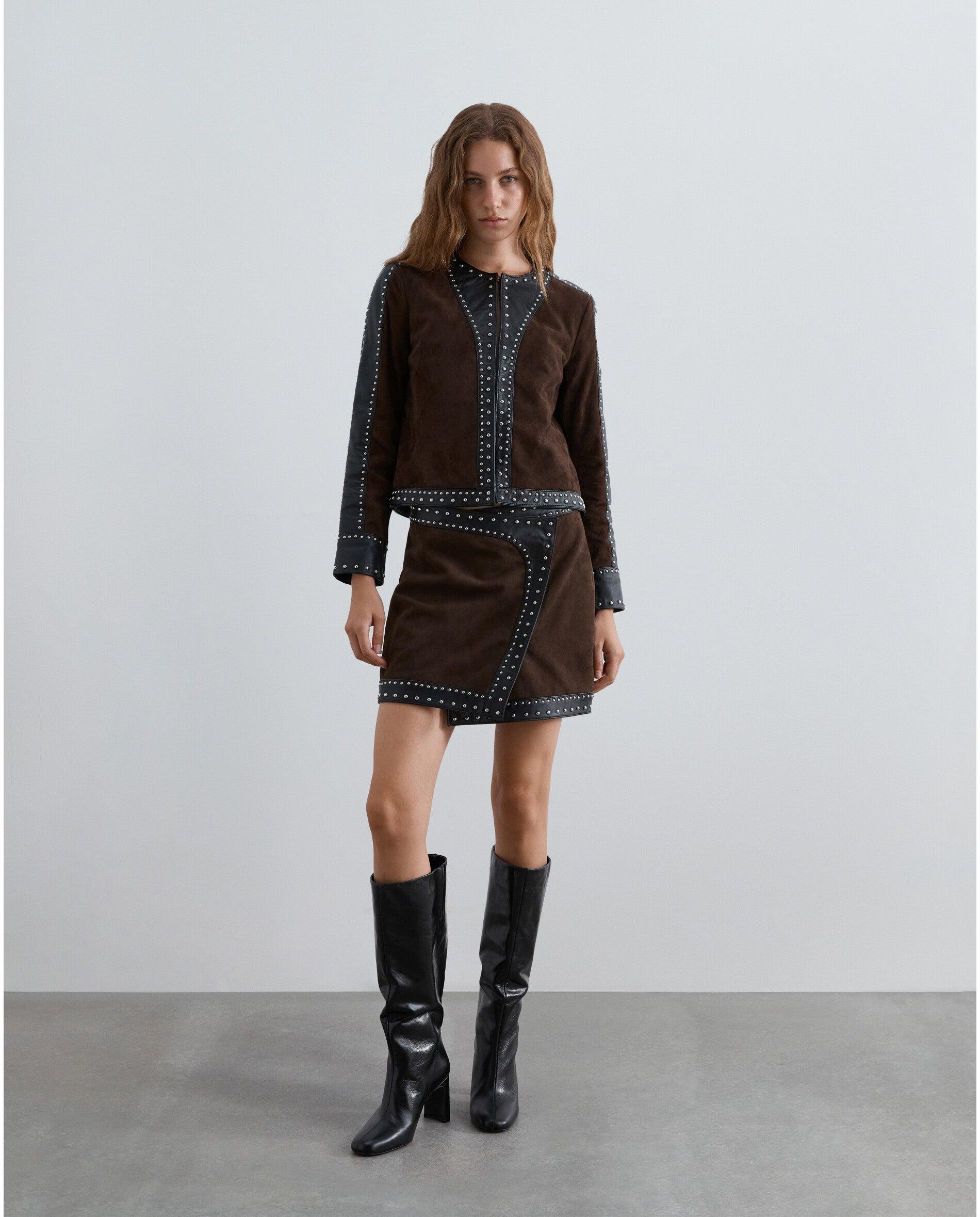 Chaqueta de mujer de piel y ante con studs decorativos - Scalpers - Marrón Marrón-2