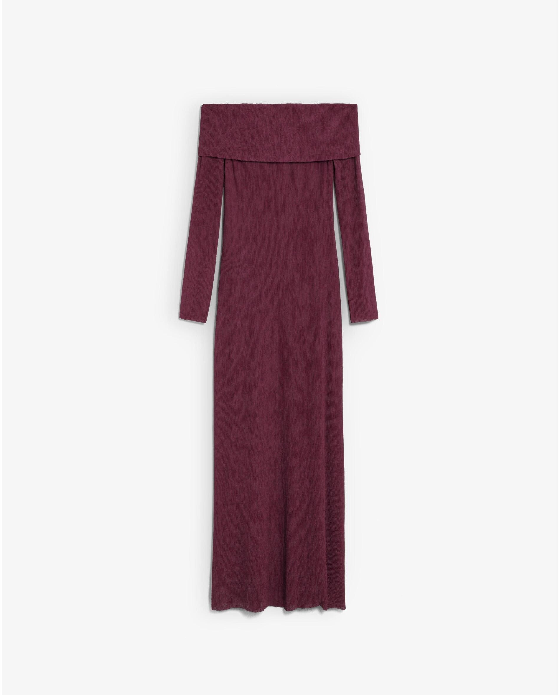 Imagen 0 de Vestido de punto fino de manga larga con escote bardot Burdeos