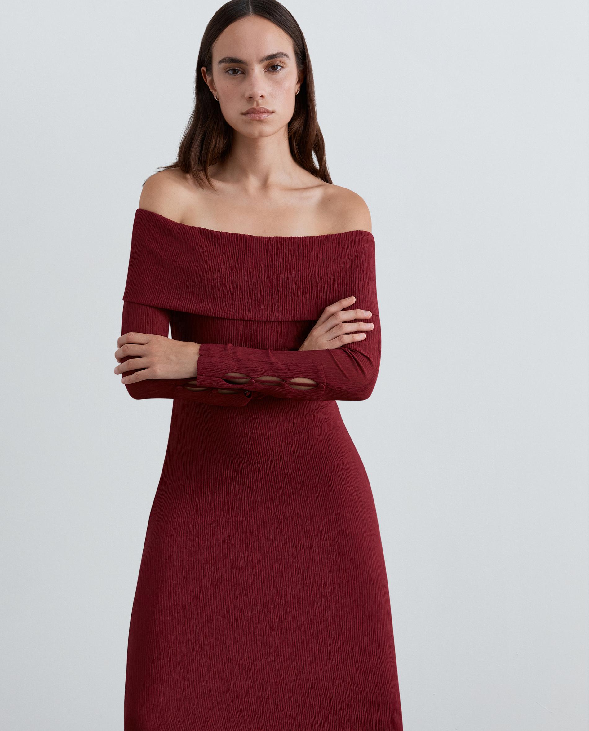 Vestido de punto fino de manga larga con escote bardot - Scalpers - Burdeos Burdeos-2