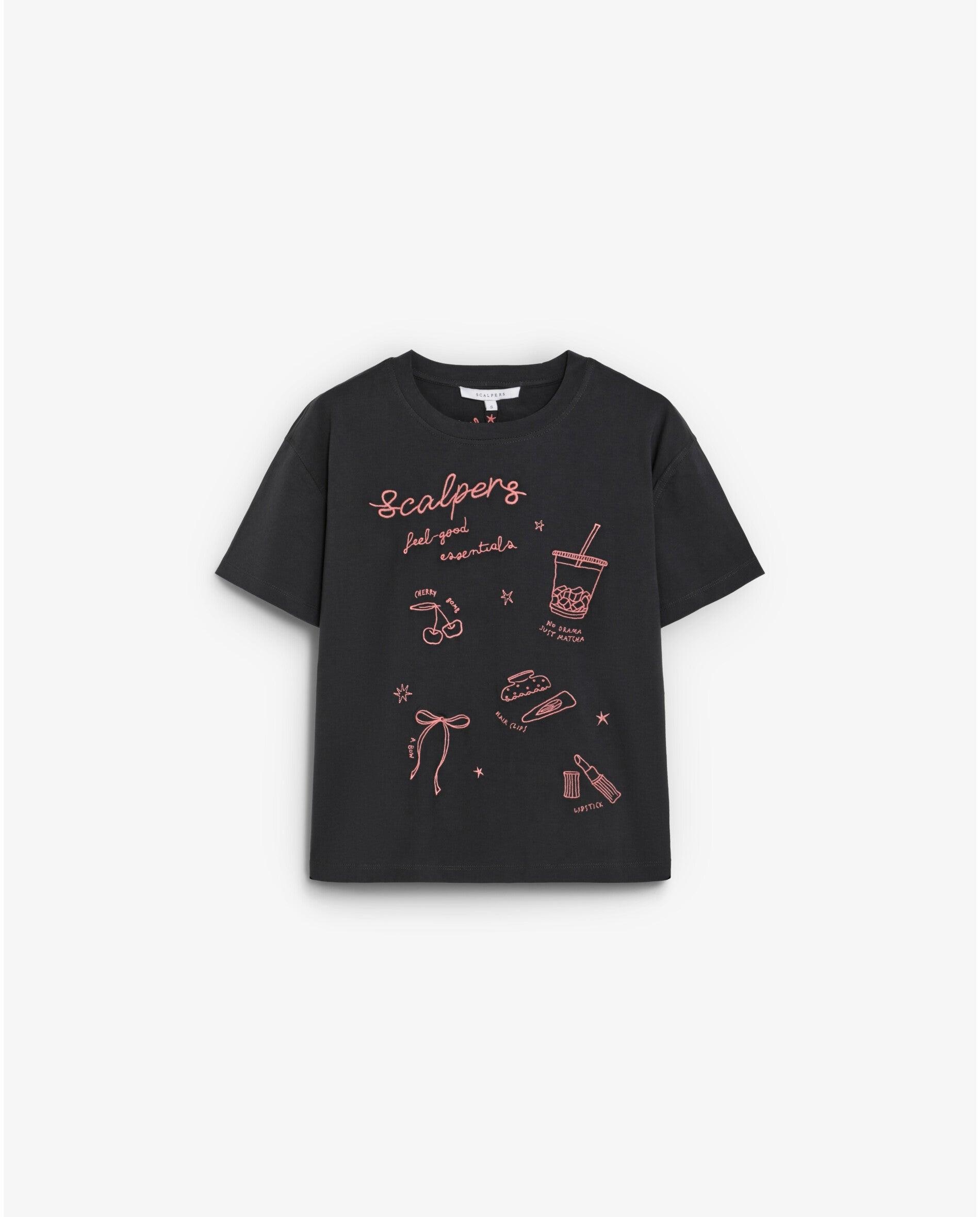 Camiseta de mujer con motivos bordados a contraste - Scalpers - Gris oscuro Gris oscuro-1