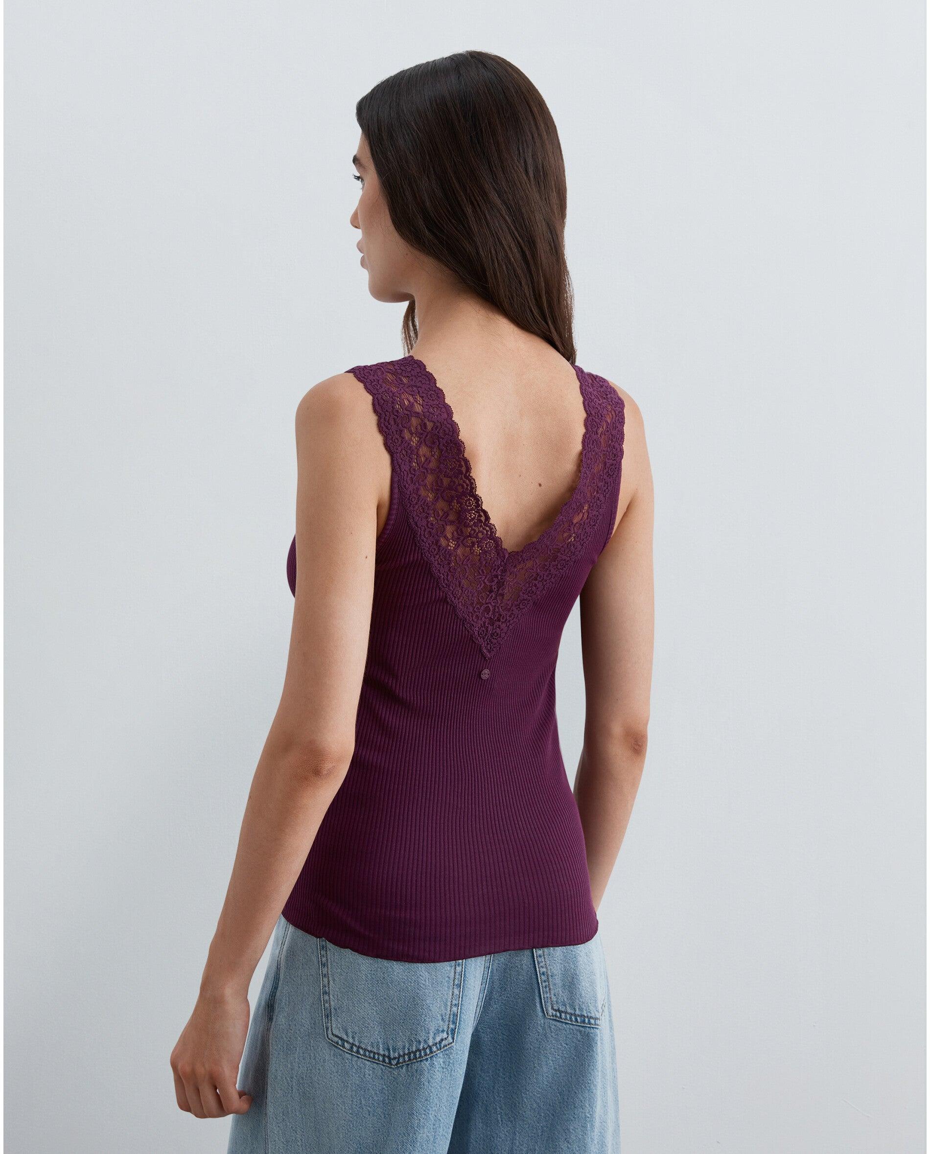 Top de mujer de canalé con detalles de encaje - Scalpers - Berenjena Berenjena-2