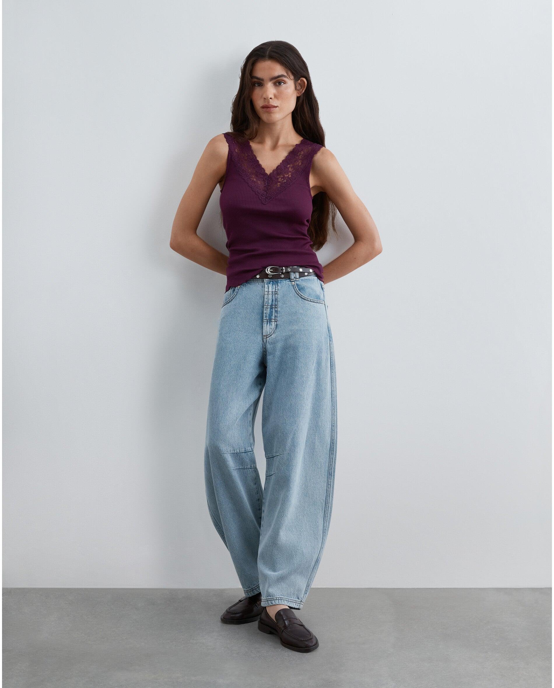 Top de mujer de canalé con detalles de encaje - Scalpers - Berenjena Berenjena-3