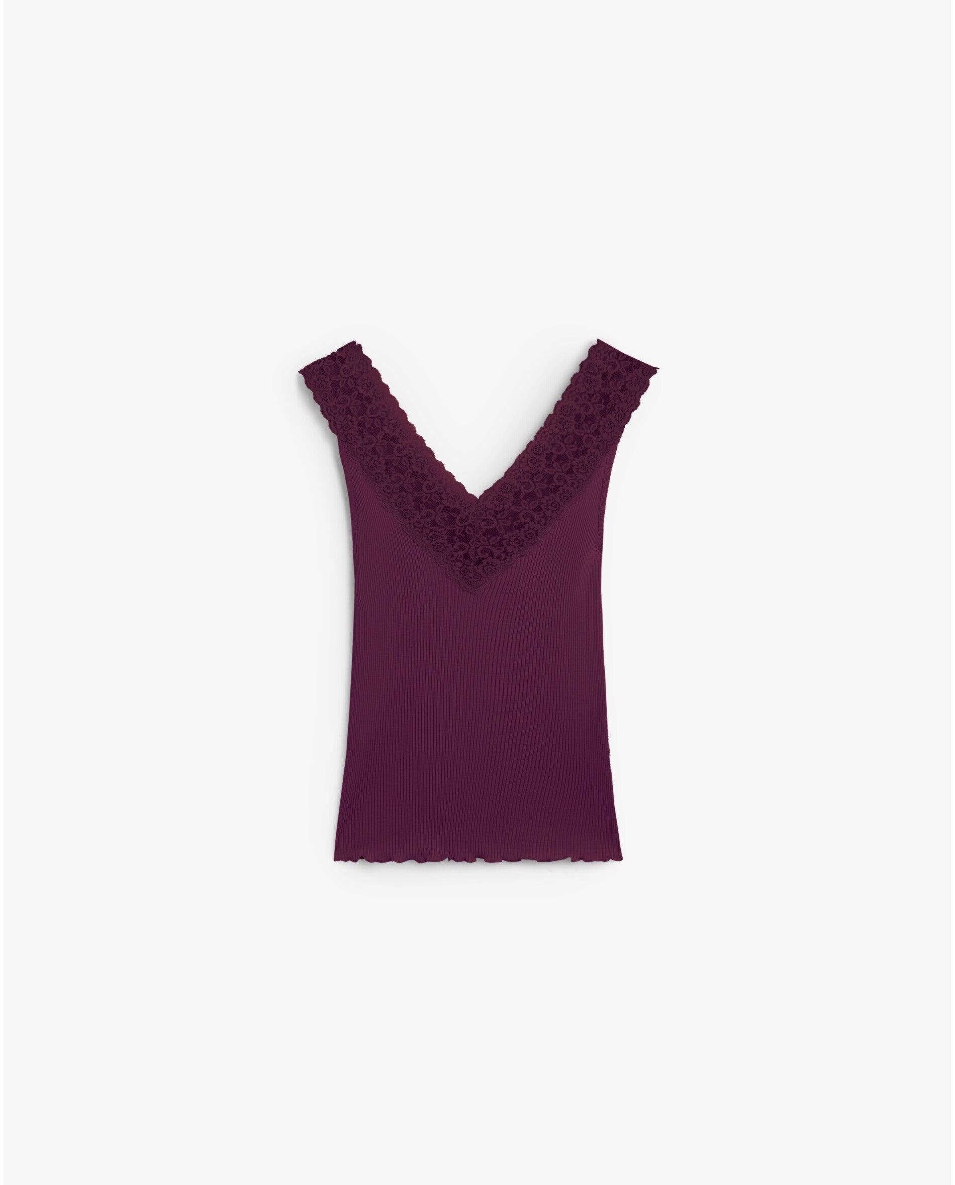 Top de mujer de canalé con detalles de encaje - Scalpers - Berenjena Berenjena-5