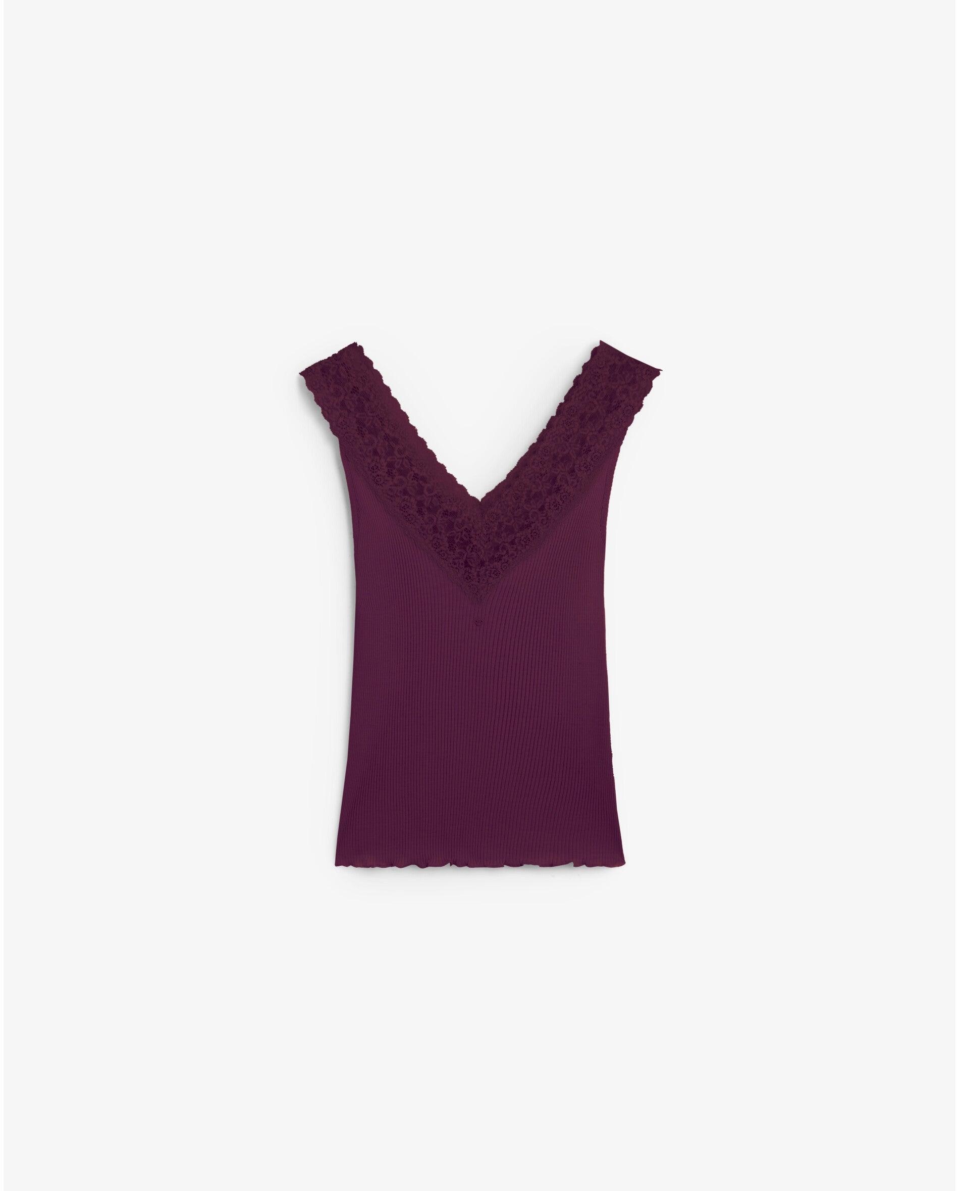 Top de mujer de canalé con detalles de encaje - Scalpers - Berenjena Berenjena-4