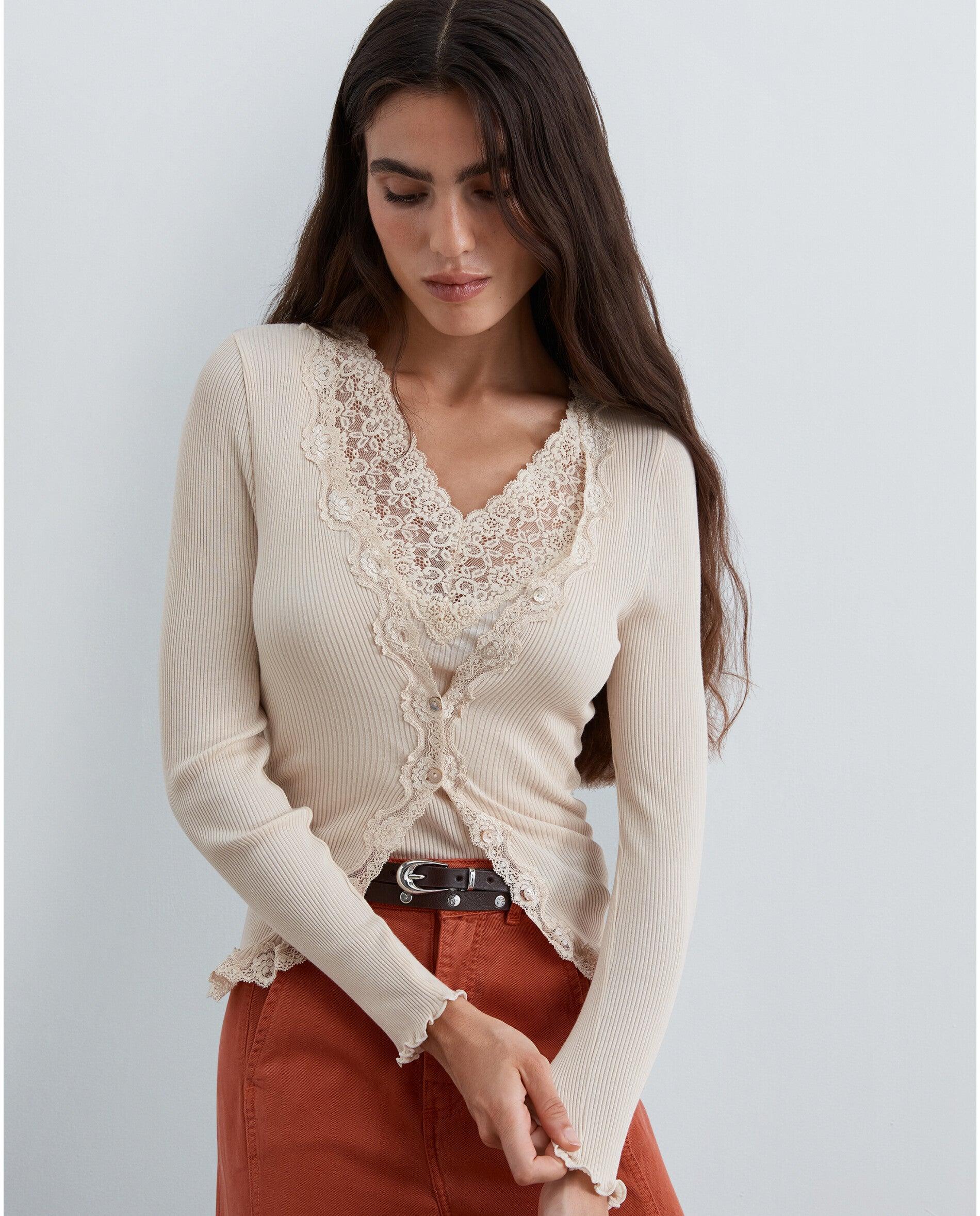 Cárdigan de mujer acanalado con detalle de encaje - Scalpers - Beige Beige-1