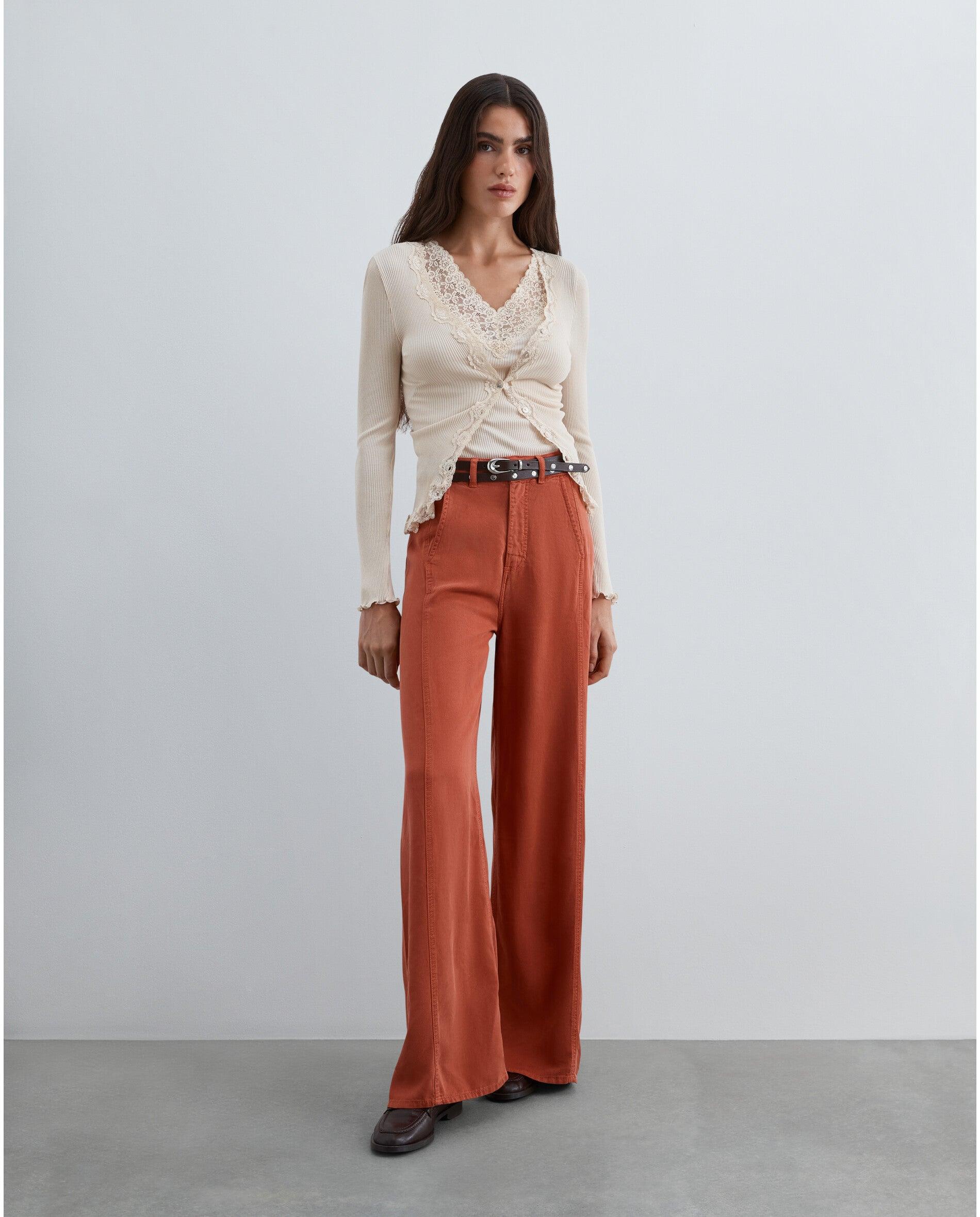 Cárdigan de mujer acanalado con detalle de encaje - Scalpers - Beige Beige-3