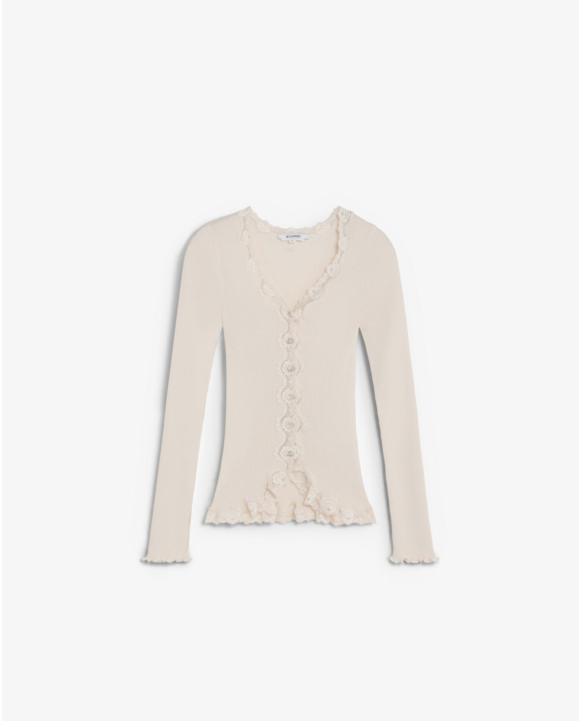 Cárdigan de mujer acanalado con detalle de encaje - Scalpers - Beige Beige-6