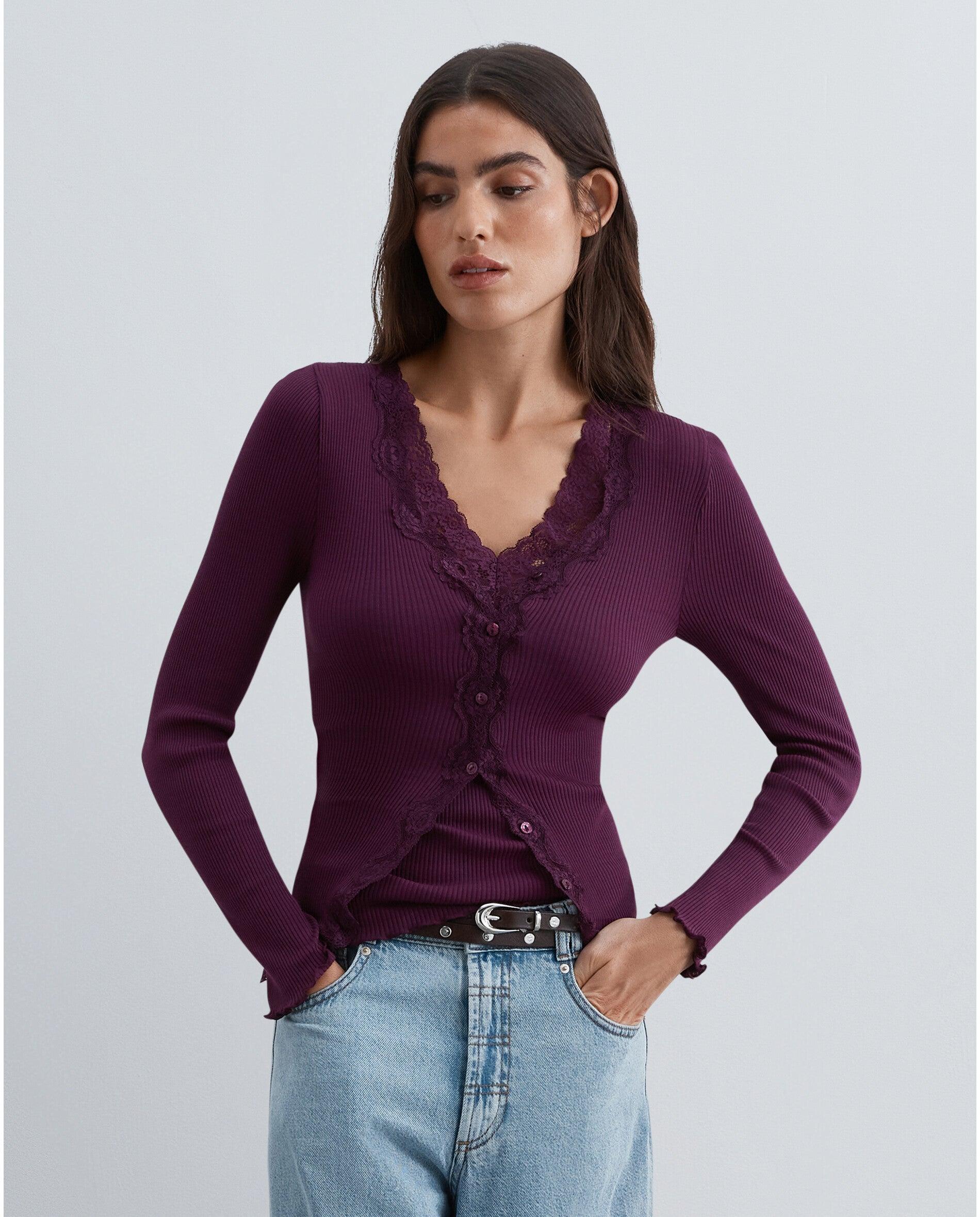 Cárdigan de mujer acanalado con detalle de encaje - Scalpers - Berenjena Berenjena-1