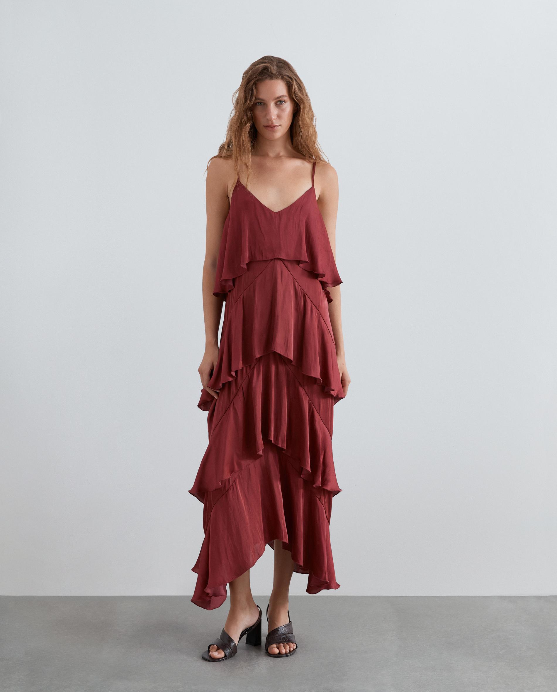 Vestido largo lencero con volantes - Scalpers - Rojo cereza Rojo cereza-1