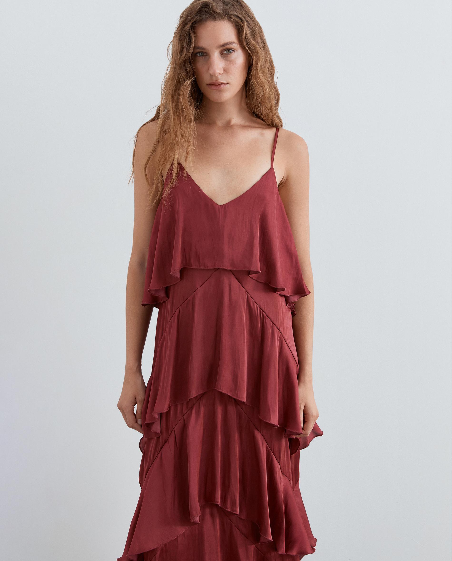 Vestido largo lencero con volantes - Scalpers - Rojo cereza Rojo cereza-2