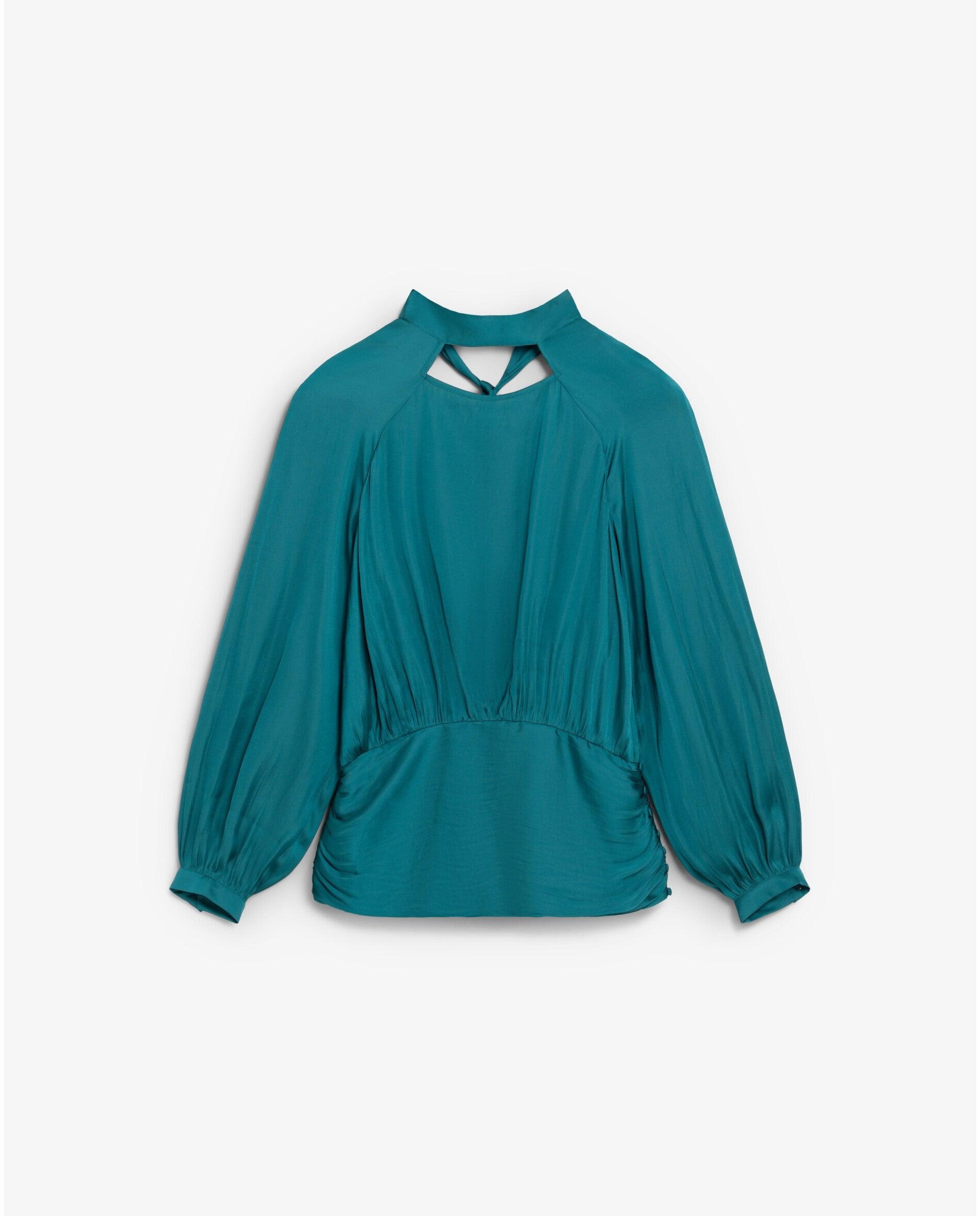 Imagen 0 de Blusa de mujer en tejido satinado  con mangas abullonadas Esmeralda