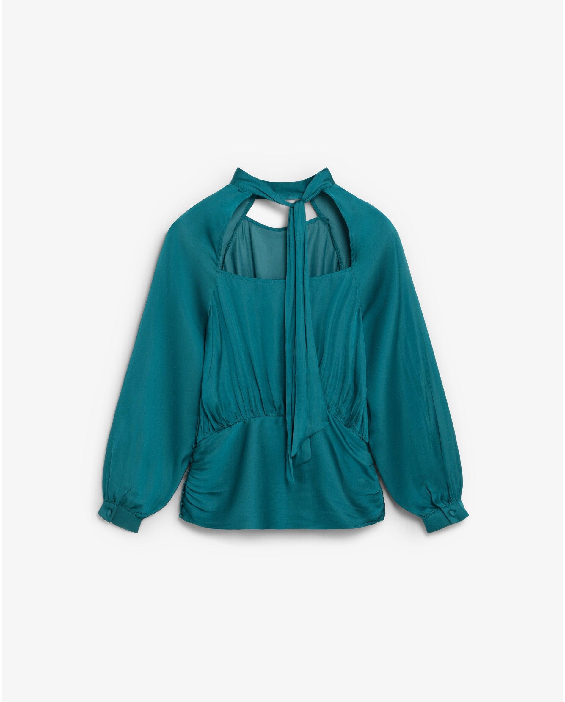 Blusa de mujer en tejido satinado con mangas abullonadas - Scalpers - Esmeralda Esmeralda-2