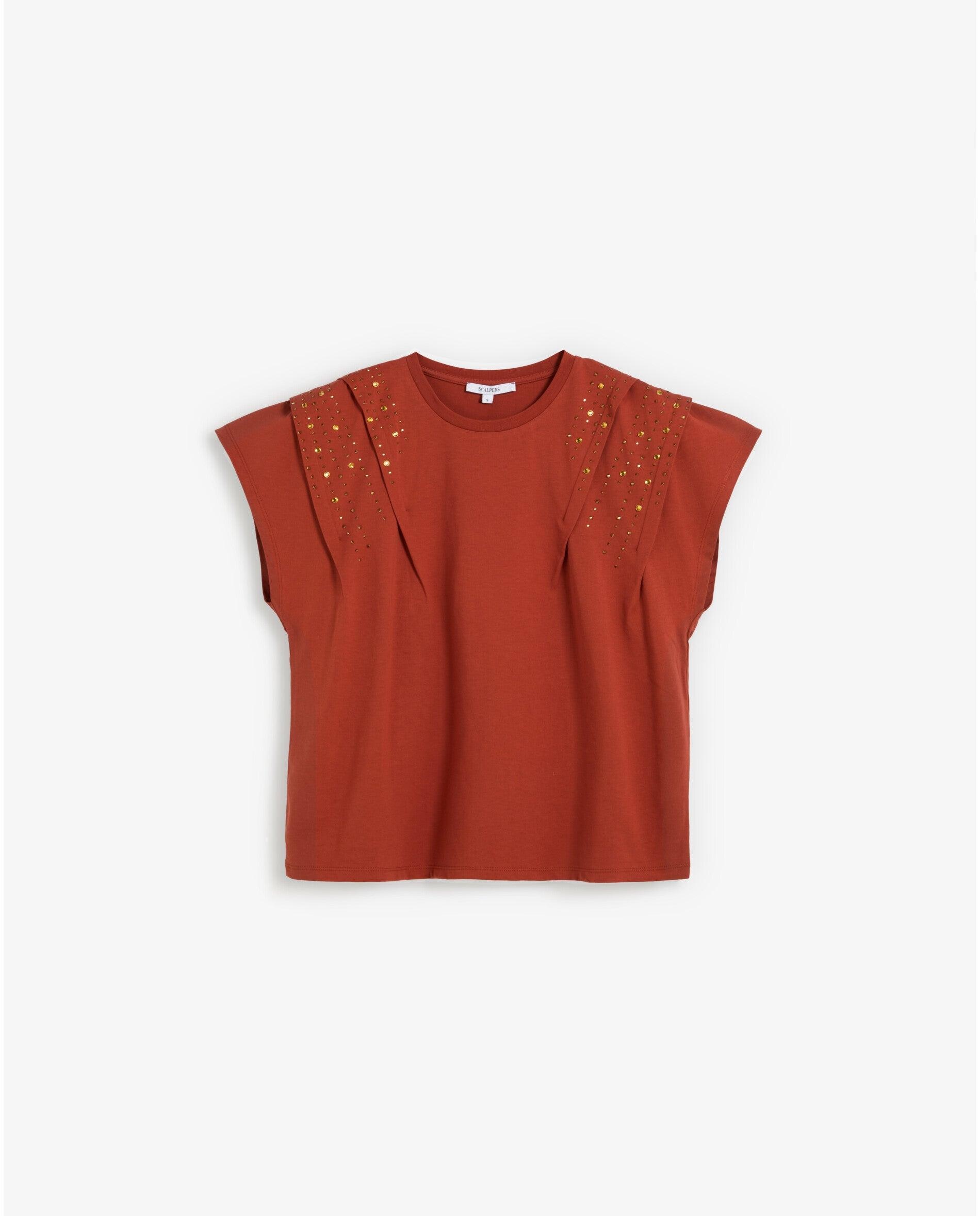 Camiseta de mujer con pliegues y studs decorativos - Scalpers - Naranja Naranja-1