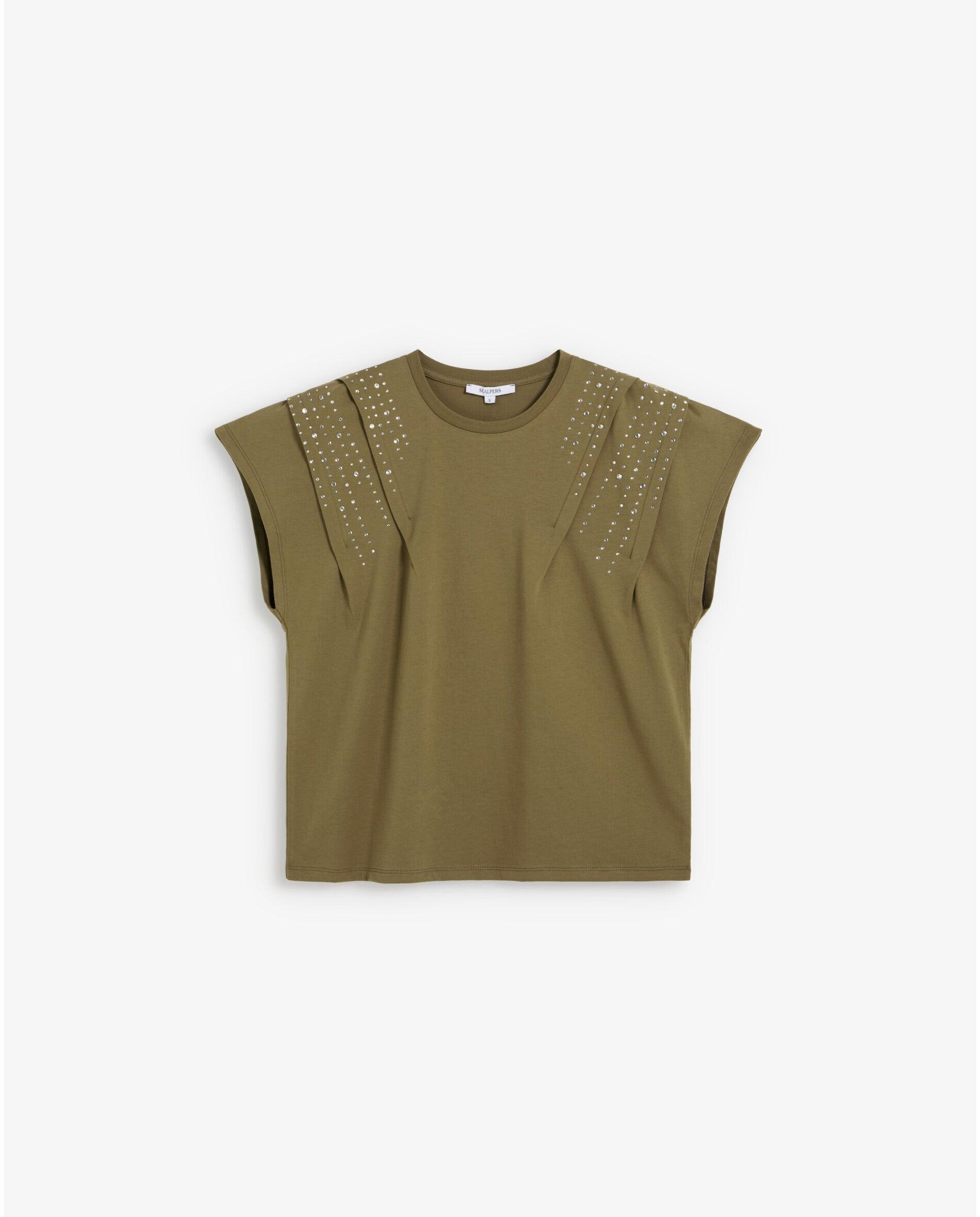Imagen 0 de Camiseta de mujer con pliegues y studs decorativos Kaki