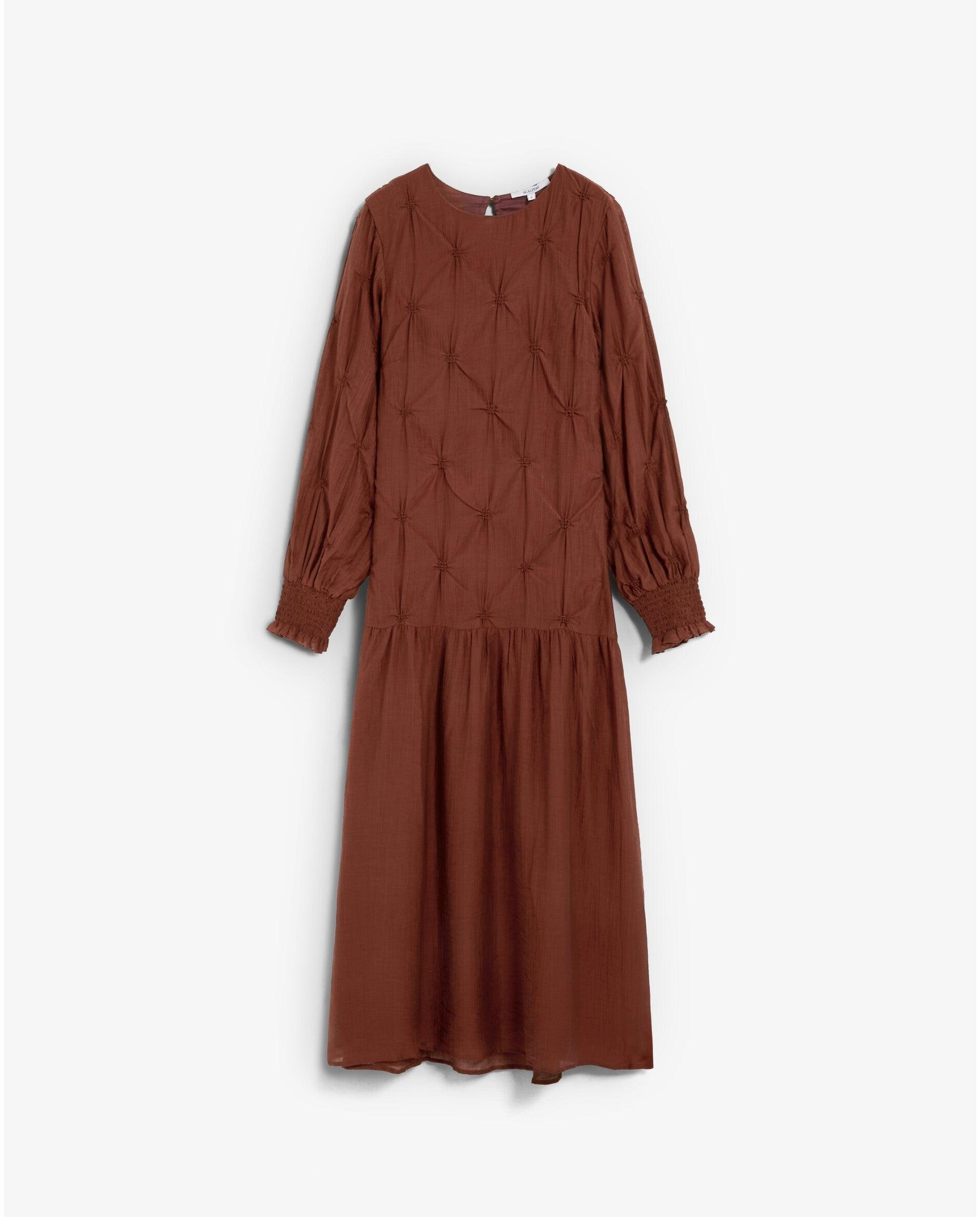 Vestido midi con detalles fruncidos de manga larga - Scalpers - Marrón Marrón-5