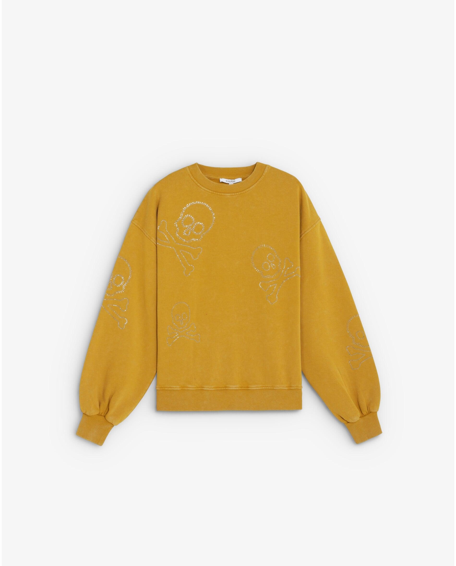 Sudadera de mujer efecto lavado con calaveras de strass - Scalpers - Mostaza Mostaza-1