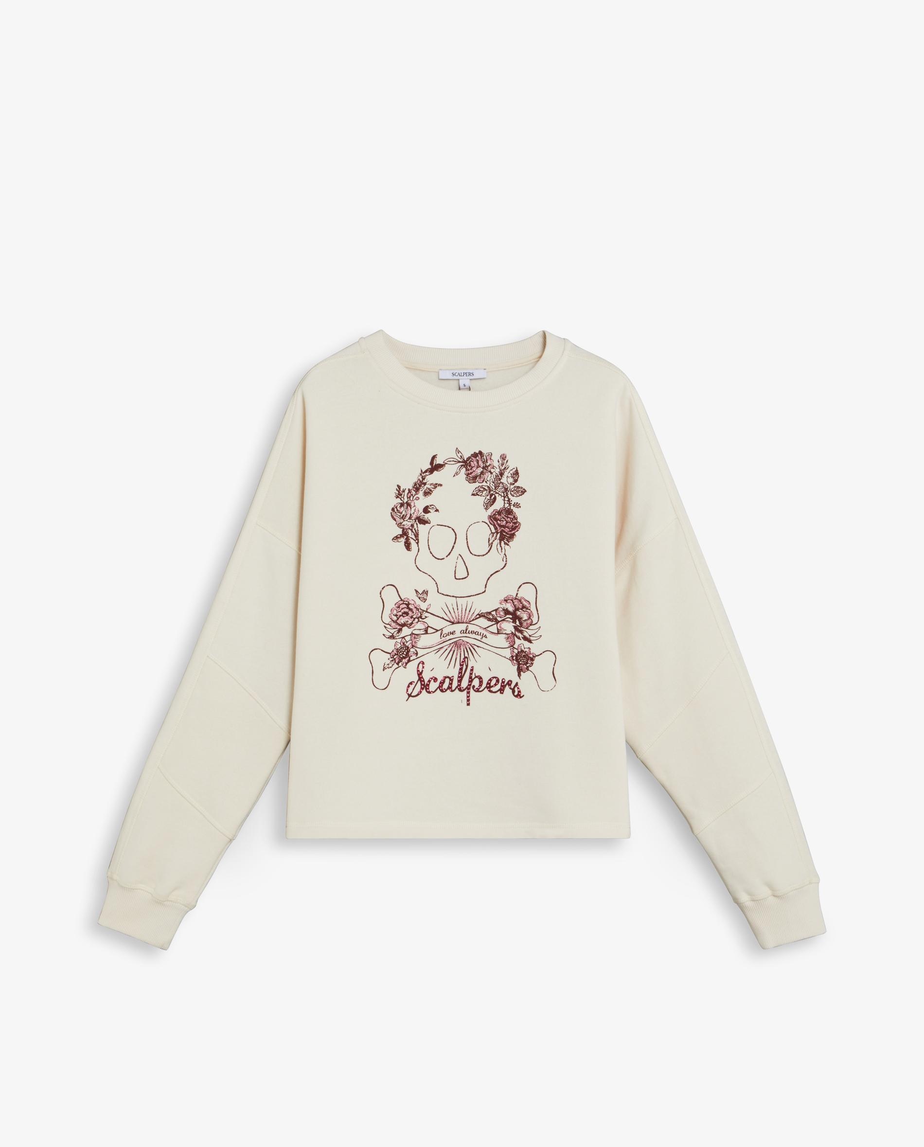 Sudadera de mujer con costura a tono y calavera con glitter y strass - Scalpers - Crudo Crudo-1