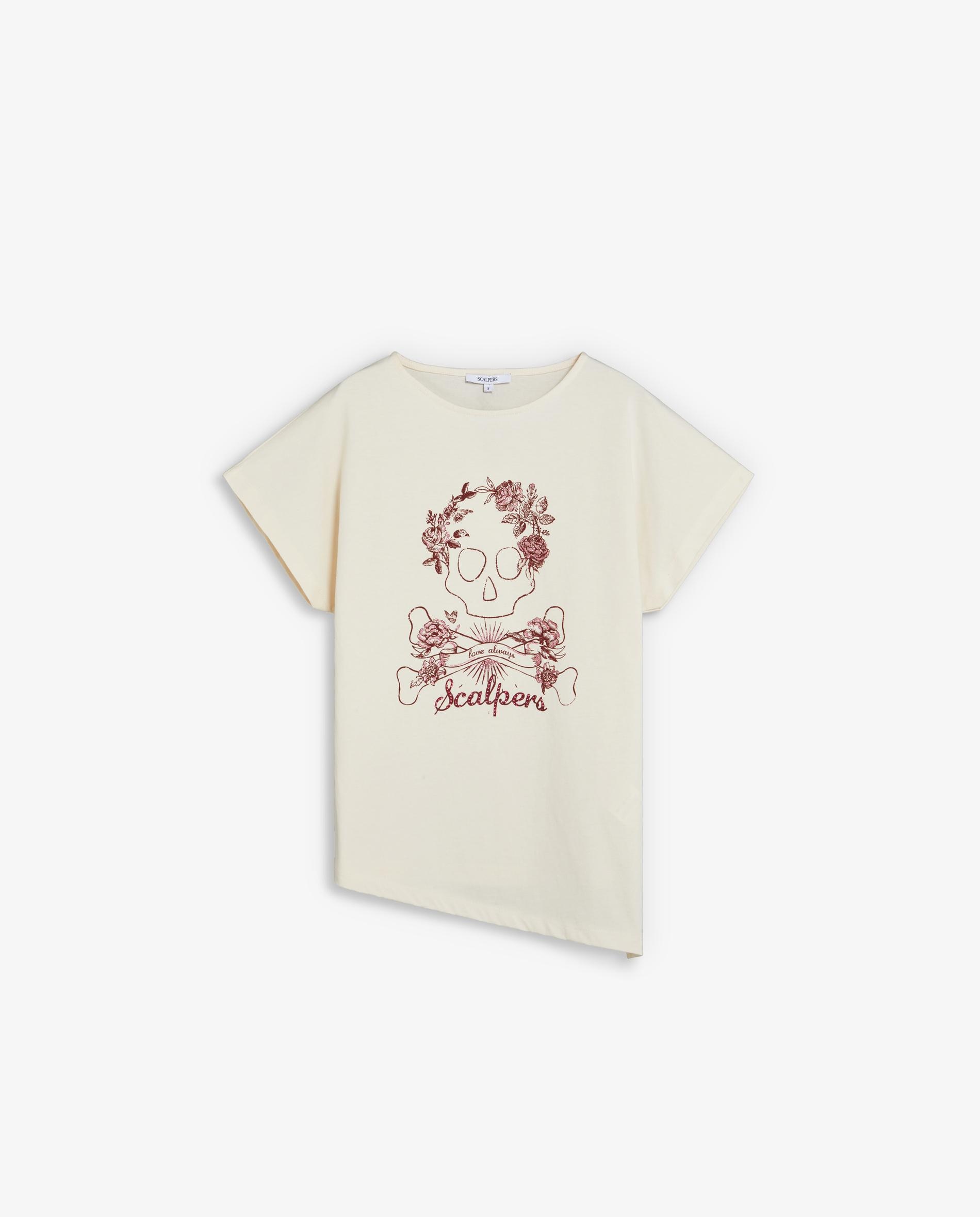 Caiseta de mujer con bajo asimétrico y calavera con glitter y strass - Scalpers - Crudo Crudo-1