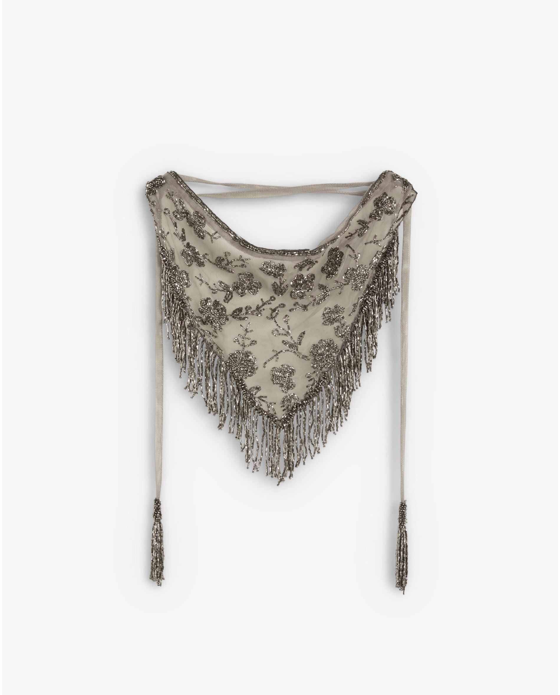 Imagen 0 de Bandana de mujer de gasa con bordados florales y flecos Plata