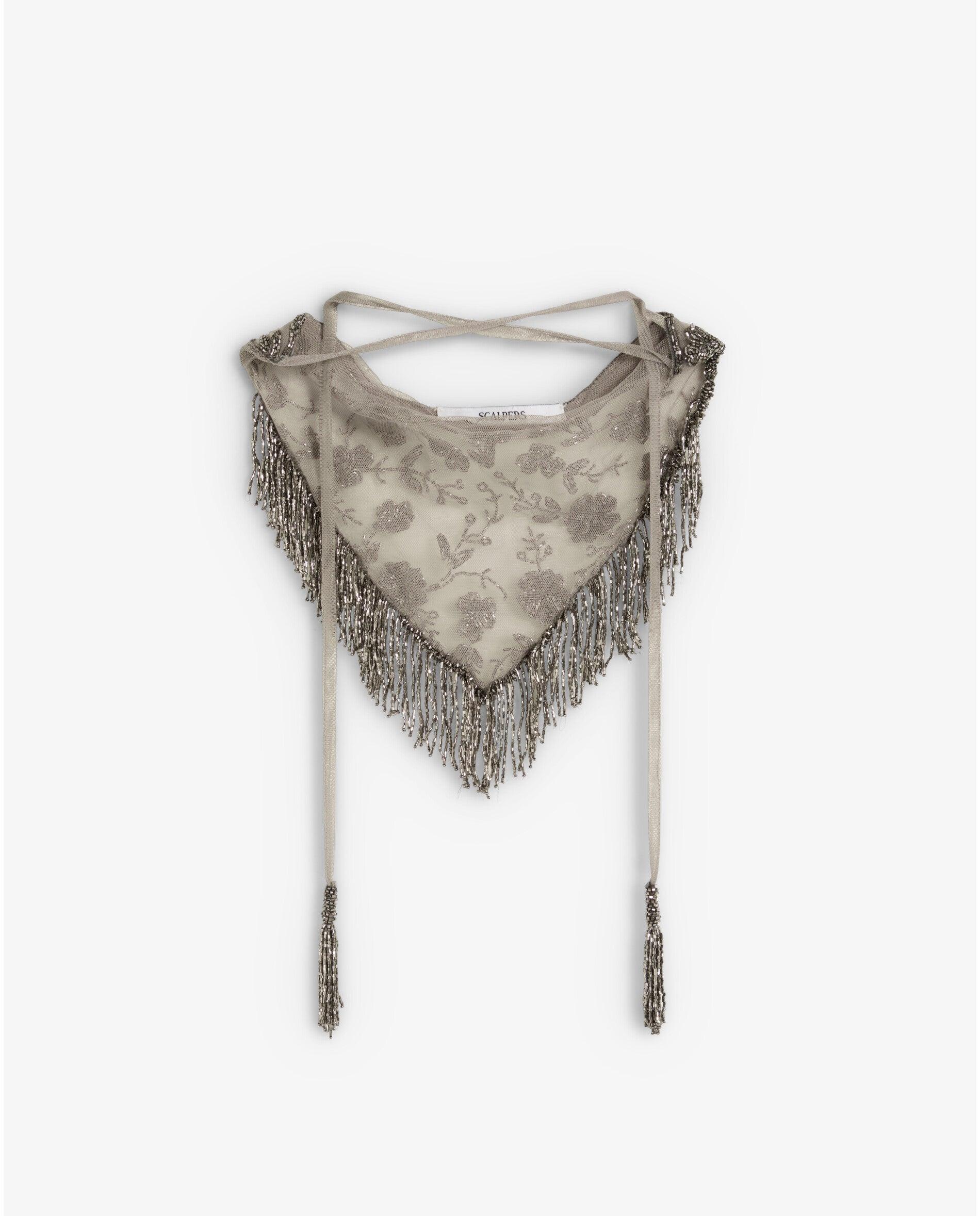 Bandana de mujer de gasa con bordados florales y flecos - Scalpers - Plata Plata-3