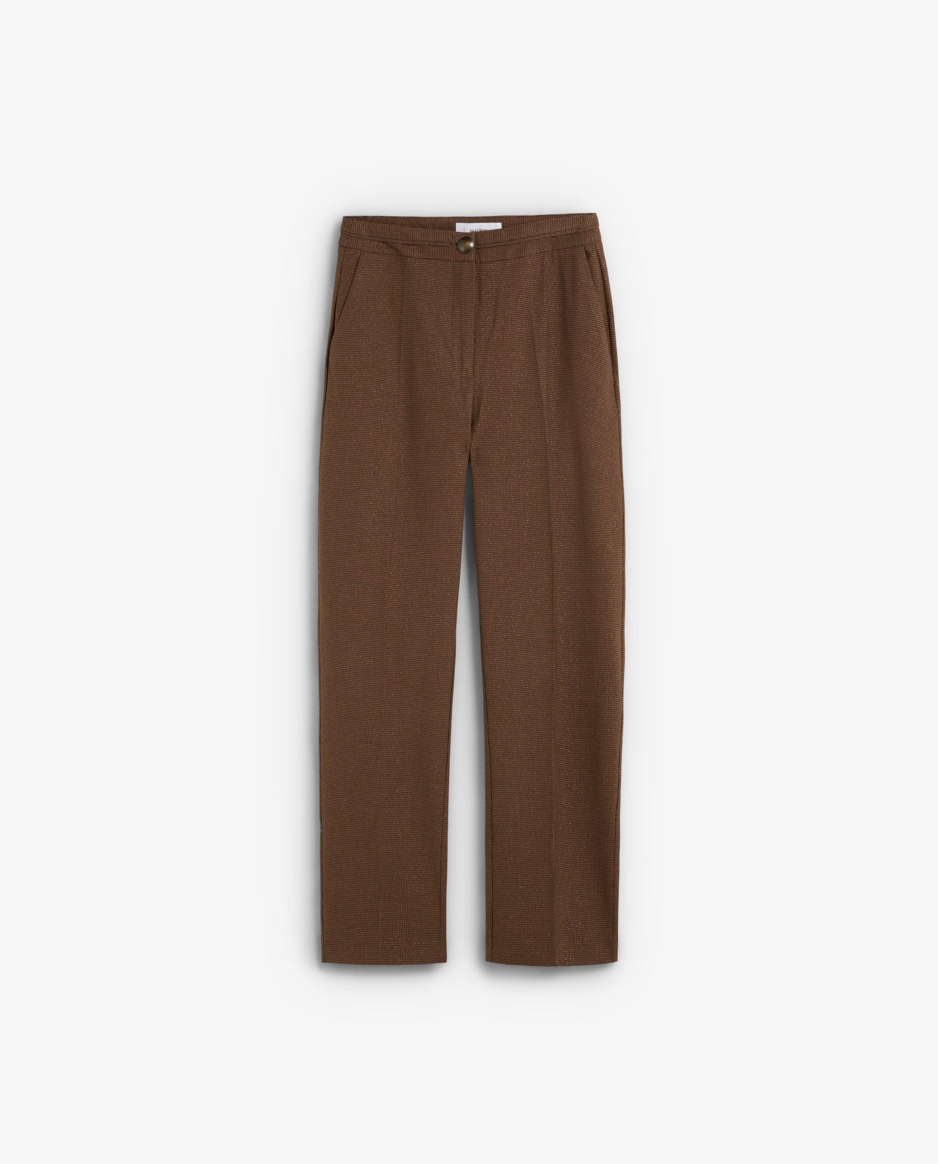 Imagen 1 de Pantalón de vestir en tejido ligeramente elástico con microestampado de cuadros Marrón