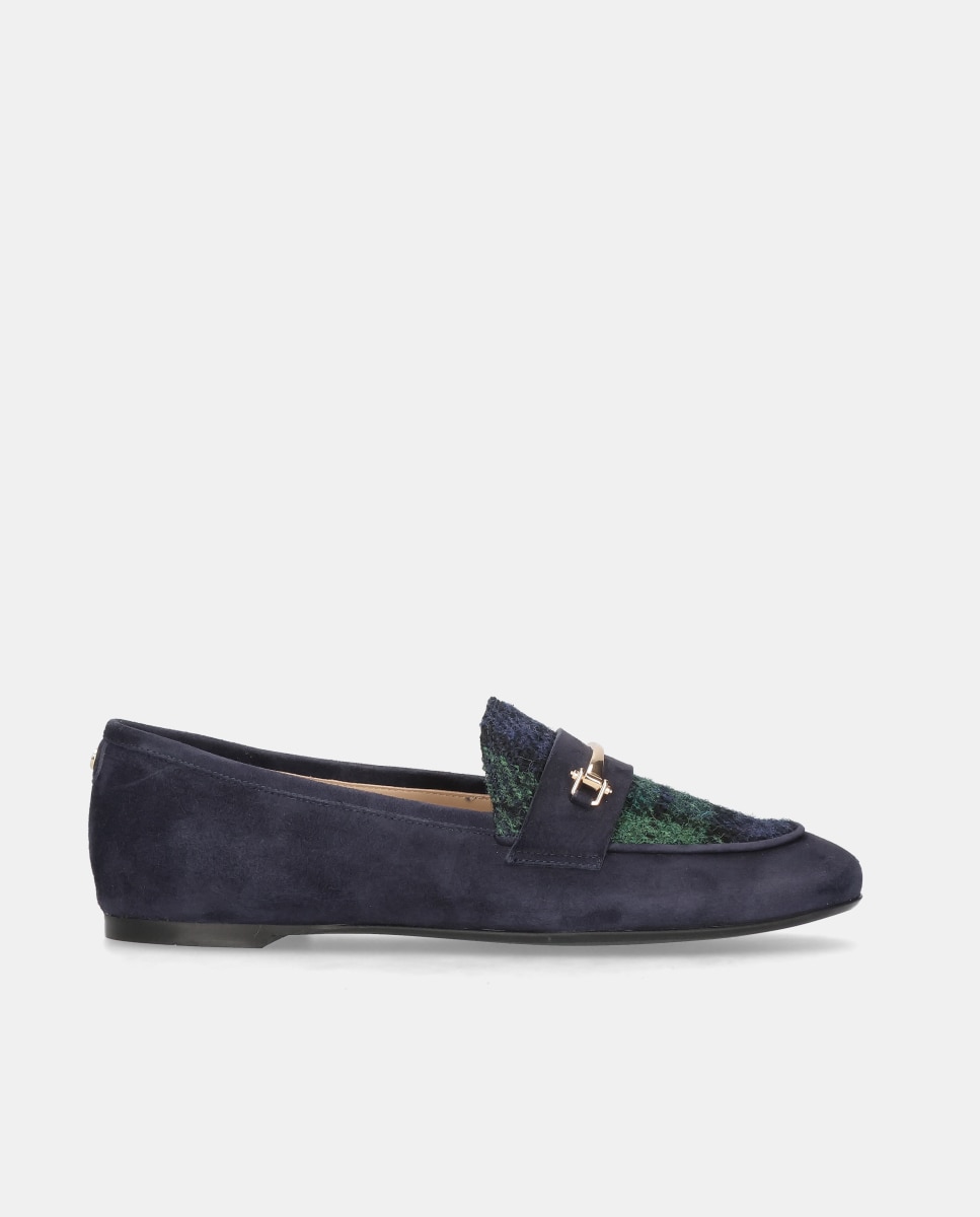 Mocasines faye de mujer en ante suave y tejido tartán - Mascaró - Azul Azul-1
