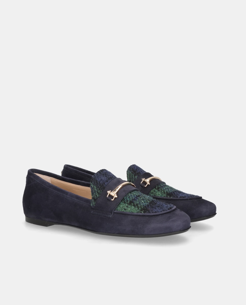 Mocasines faye de mujer en ante suave y tejido tartán - Mascaró - Azul Azul-3