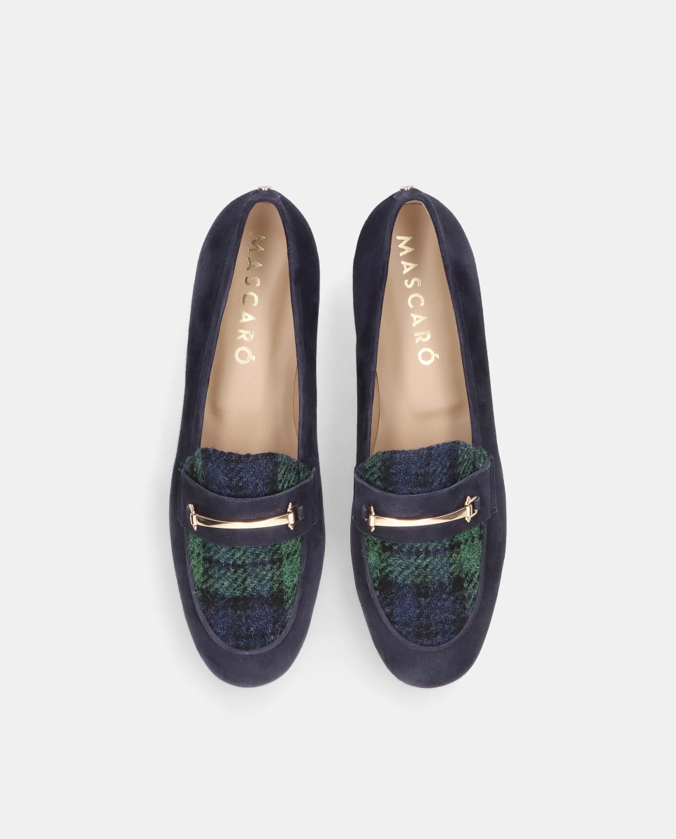 Mocasines faye de mujer en ante suave y tejido tartán - Mascaró - Azul Azul-2