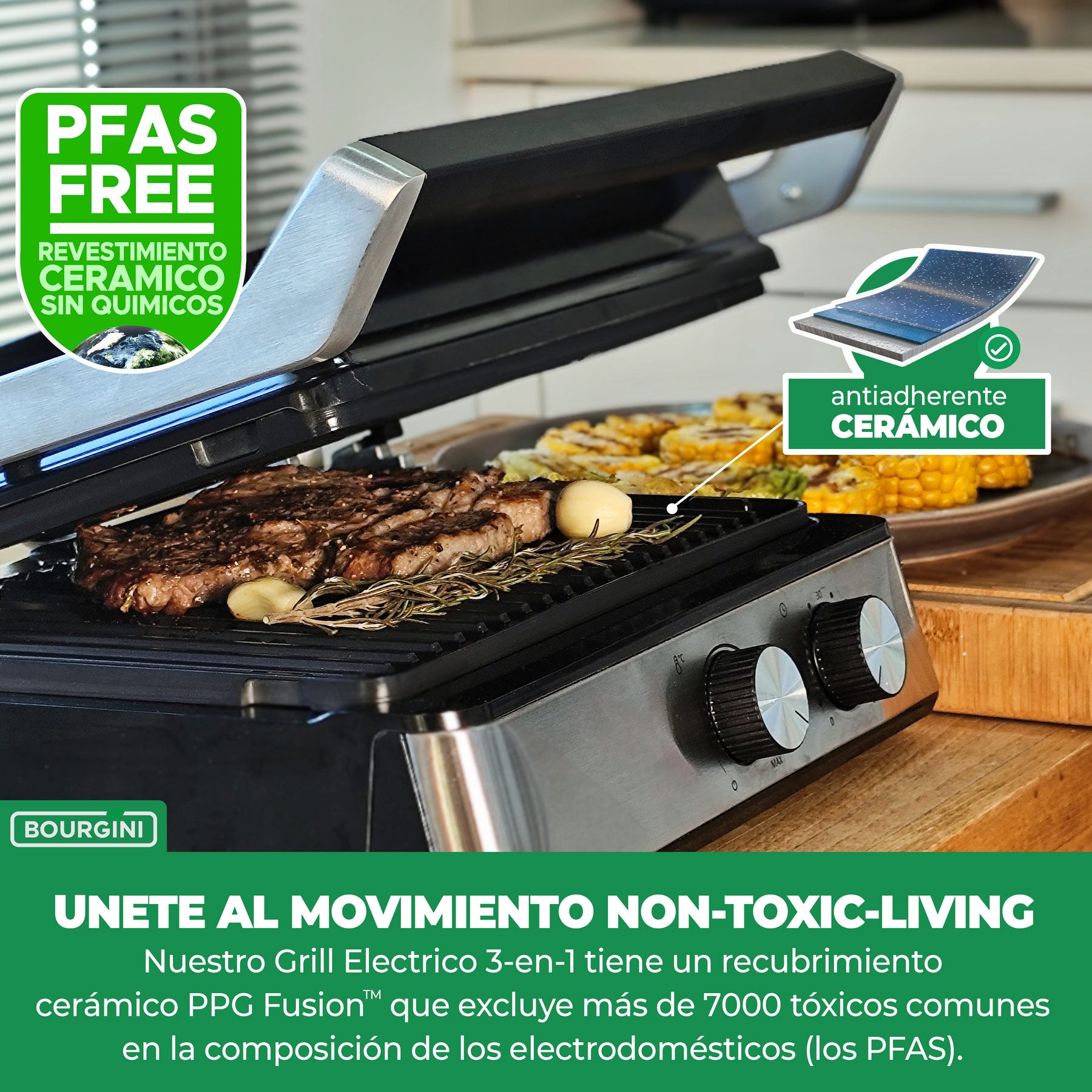 Grill de asar Bourgini con placas cerámicas desmontables libres de PFAS - Gris Gris-3