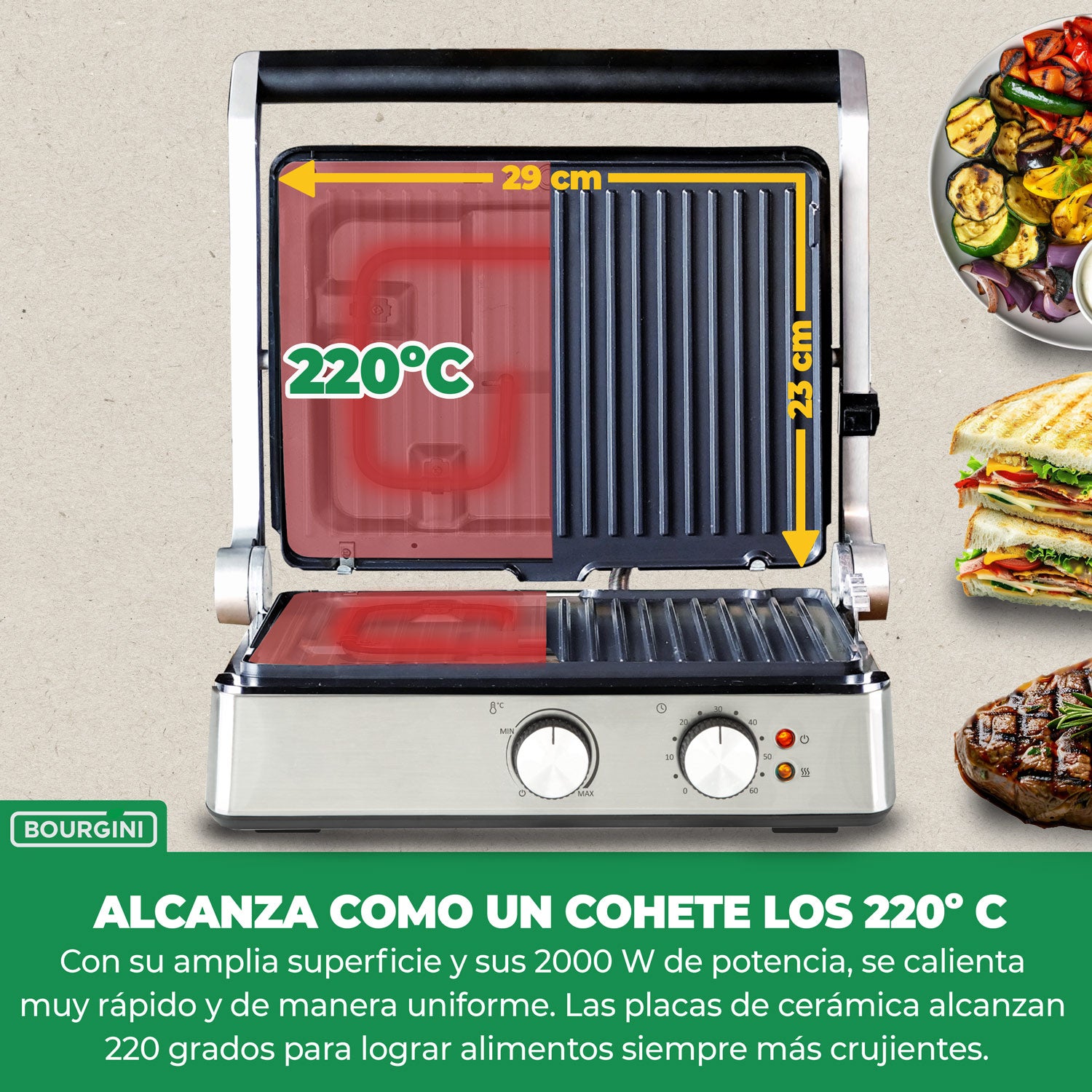 Grill de asar Bourgini con placas cerámicas desmontables libres de PFAS - Gris Gris-4