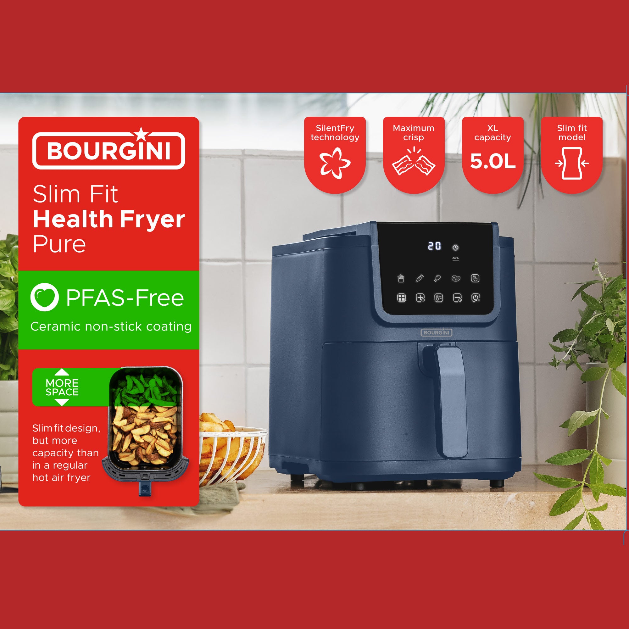 Freidora de aire Bourgini 5 L Health fryer Slim con cesta de Cerámica ECO libre de PFAS - Azul Azul-5