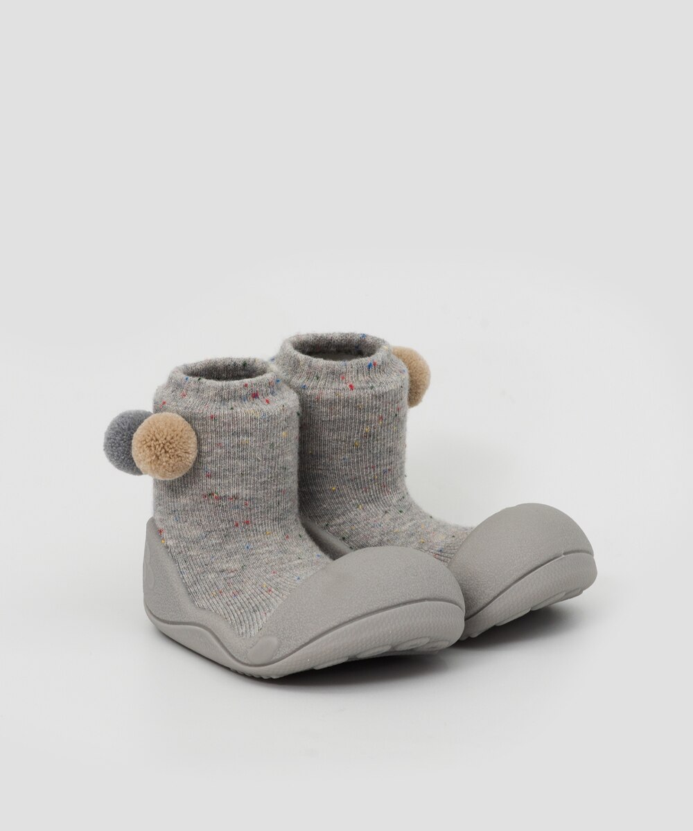 Patucos de bebé de algodón color gris con 2 pompones - Attipas - Gris Gris-4