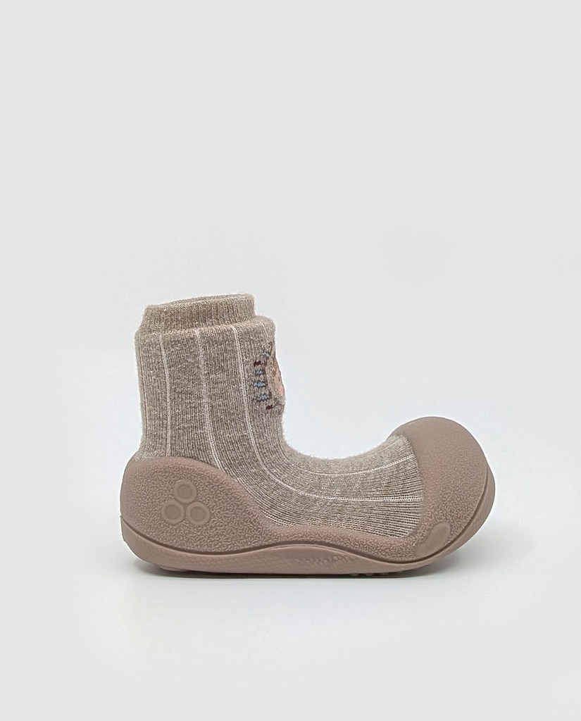 Imagen 0 de Patucos de bebé de algodón color beige con dibujo cara de oso Beige