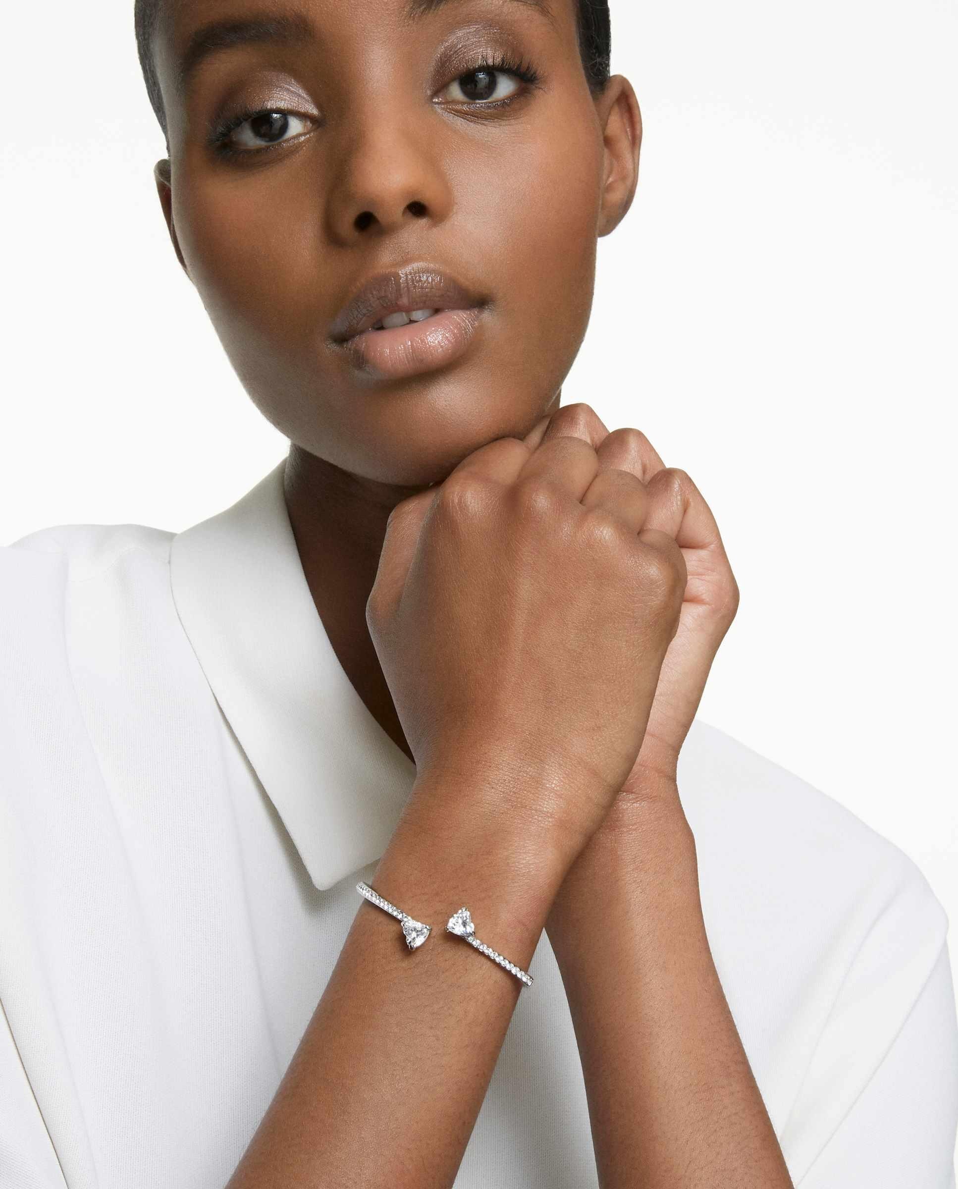Brazalete bañado en rodio con cristales en forma de corazón - Swarovski - Blanco Blanco-4