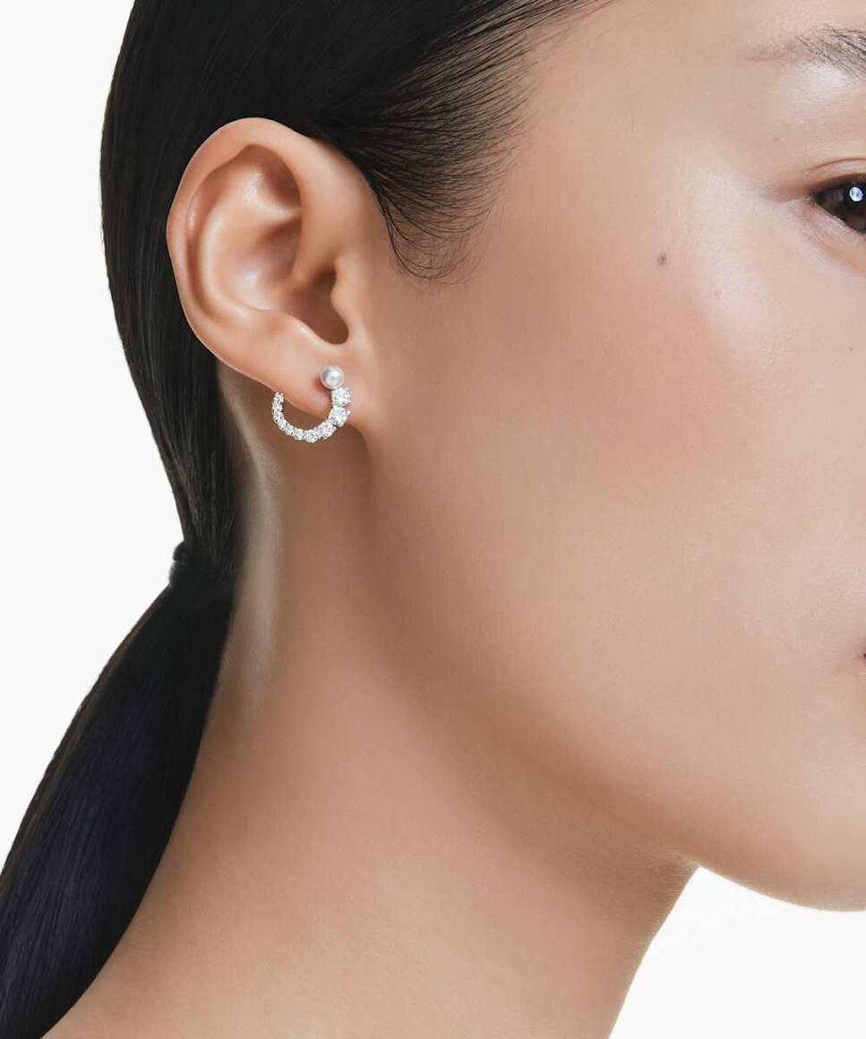 Pendientes de aro Matrix bañado en rodio con perla Blanco-5