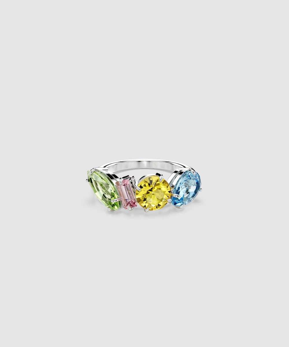 Anillo Gema bañado en rodio con cristales multicolor