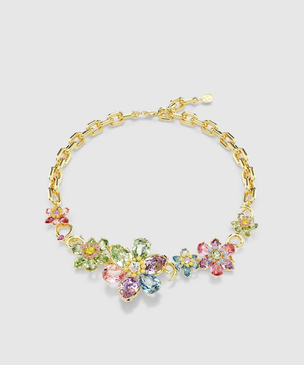 Collar idyllia flor bañado en oro con cristales multicolor