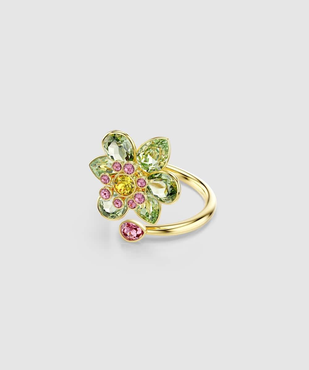 Anillo abierto idyllia bañado en oro con motivo de flor y cristales verdes