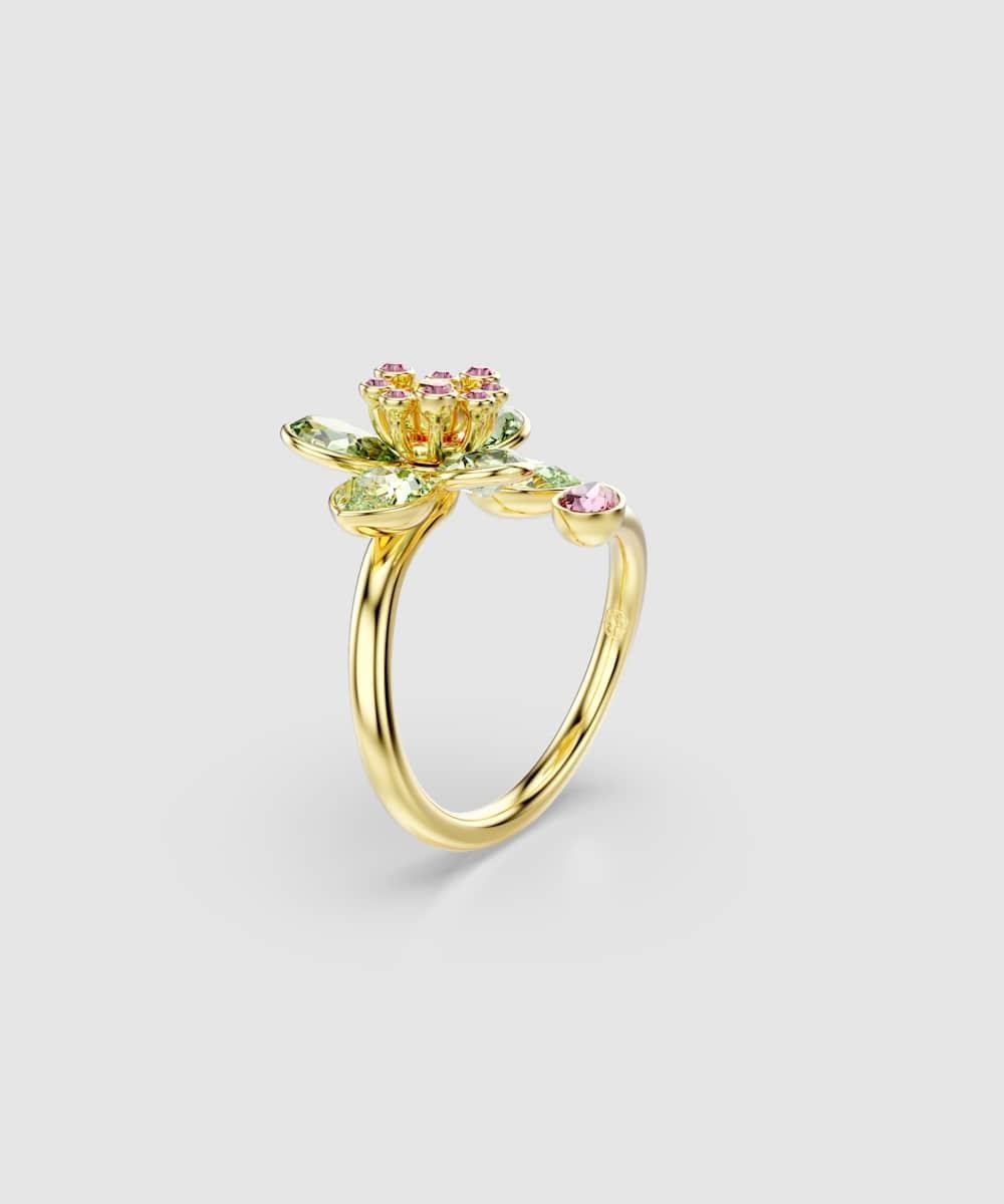 Anillo abierto idyllia bañado en oro con motivo de flor y cristales verdes - Swarovski - Verde Verde-2