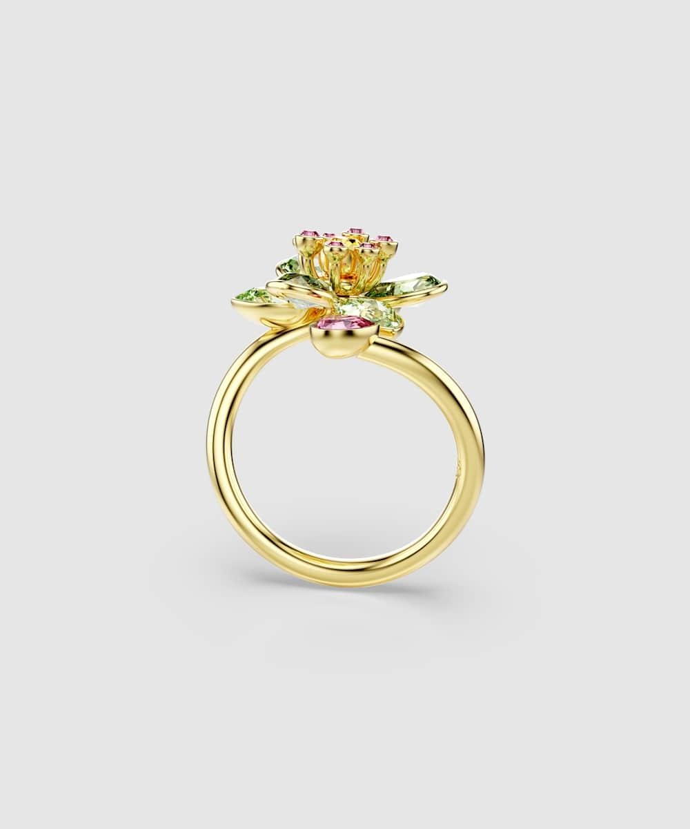 Anillo abierto idyllia bañado en oro con motivo de flor y cristales verdes - Swarovski - Verde Verde-3