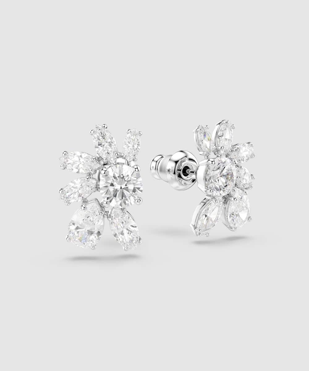 Pendientes gema bañados en rodio con critales en forma de flores - Swarovski - Blanco Blanco-3
