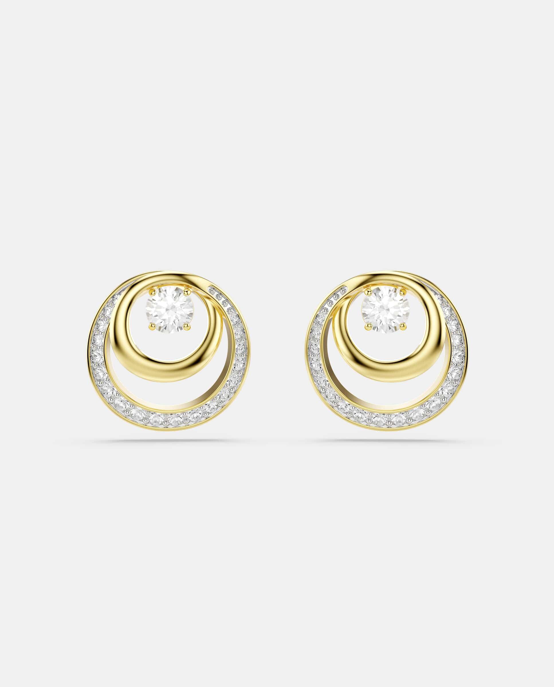 Pendientes hyperbola de botón circulares con circonita bañados en oro - Swarovski - Blanco Blanco-1