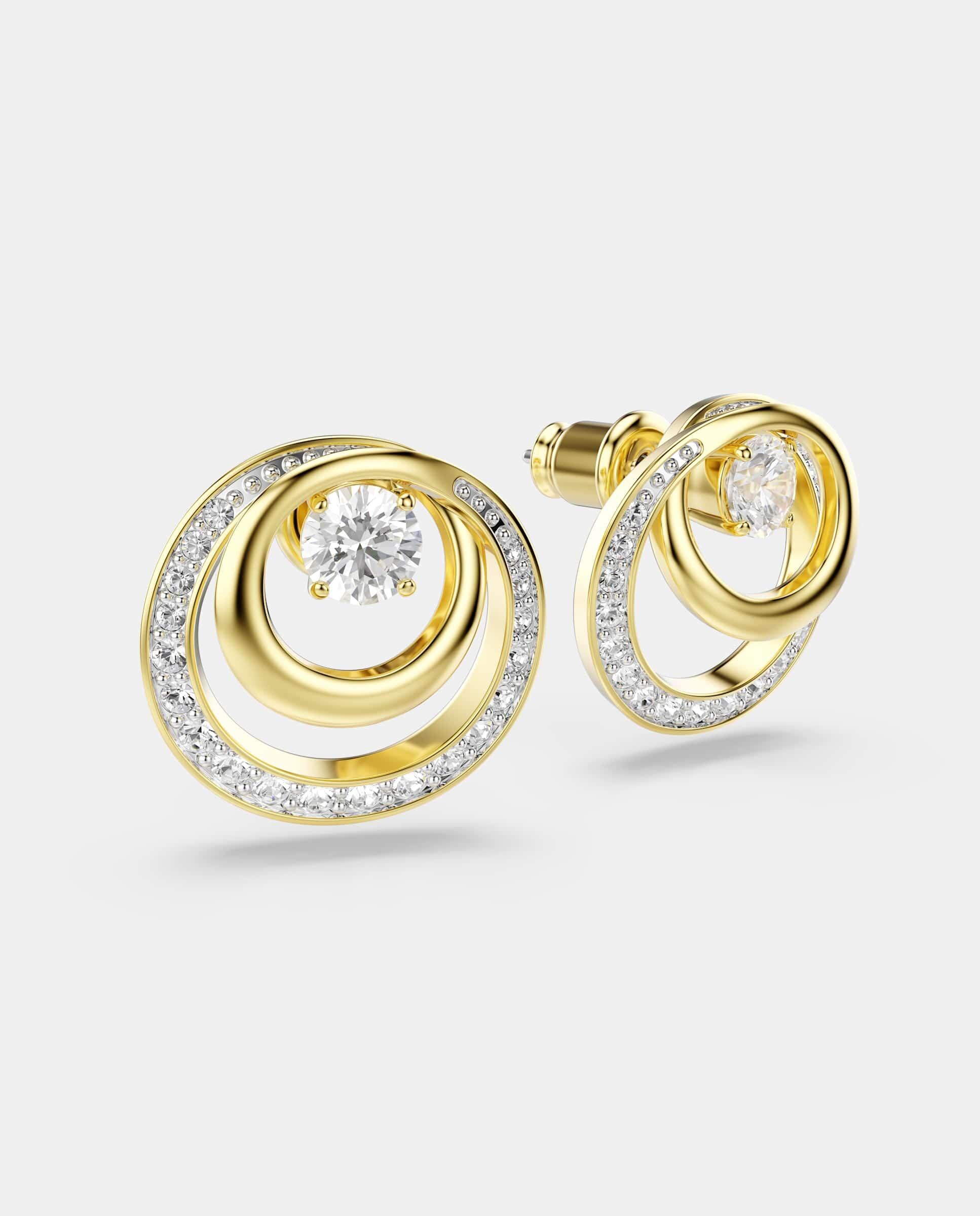 Pendientes hyperbola de botón circulares con circonita bañados en oro - Swarovski - Blanco Blanco-3