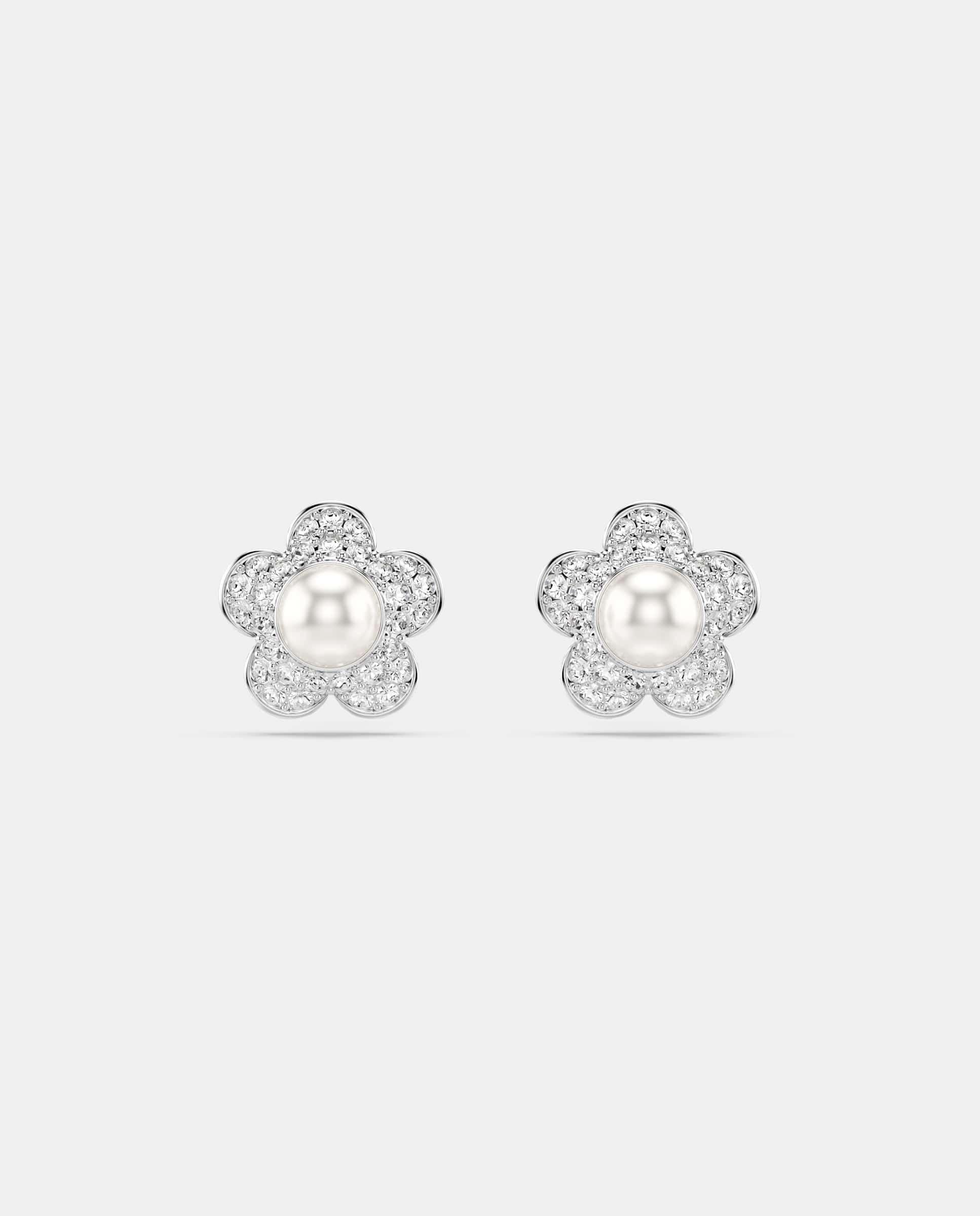 Pendientes de botón ariana grande con detalle de flor y talla redonda, baño de rodio - Swarovski - Blanco Blanco-1