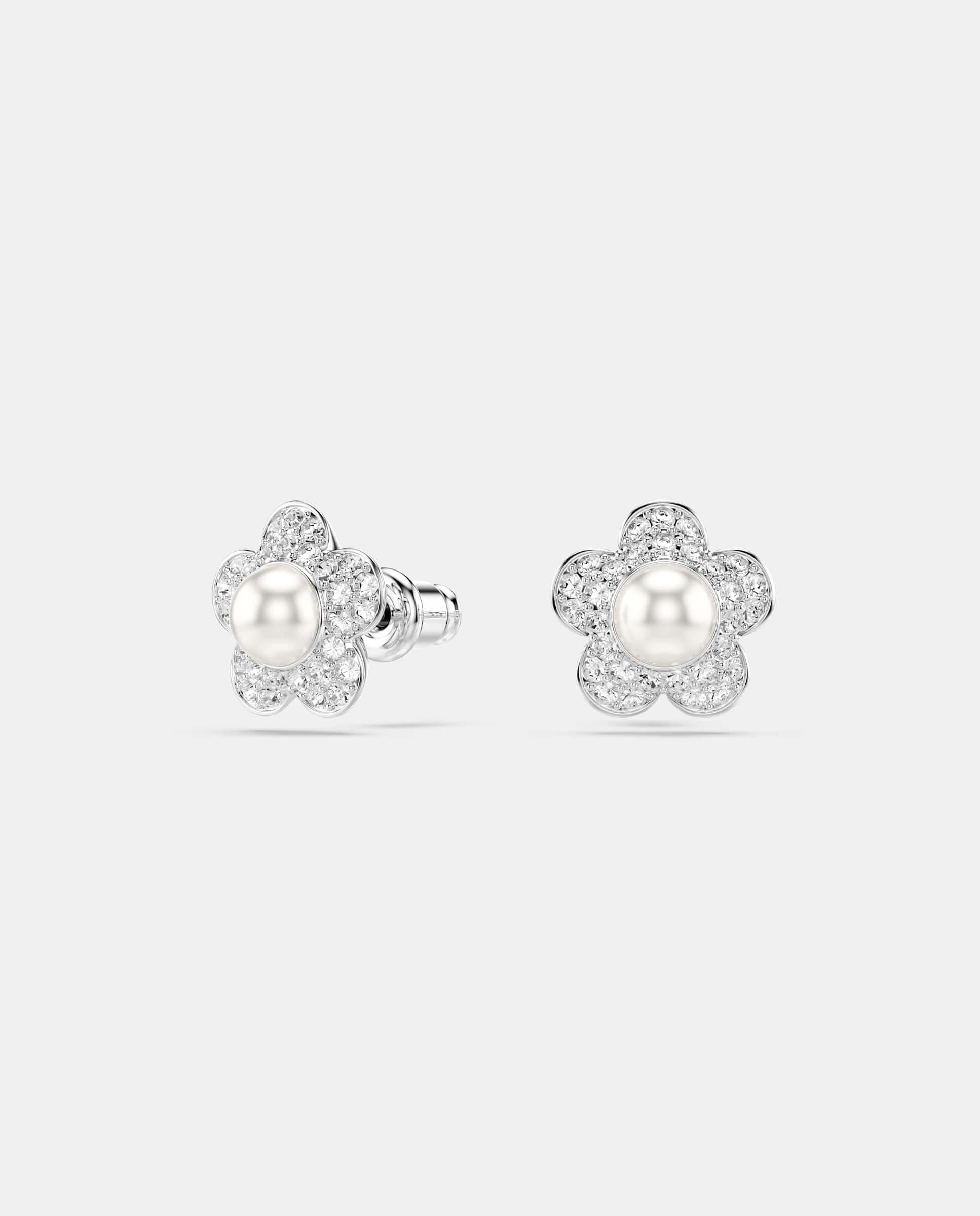 Pendientes de botón ariana grande con detalle de flor y talla redonda, baño de rodio - Swarovski - Blanco Blanco-2