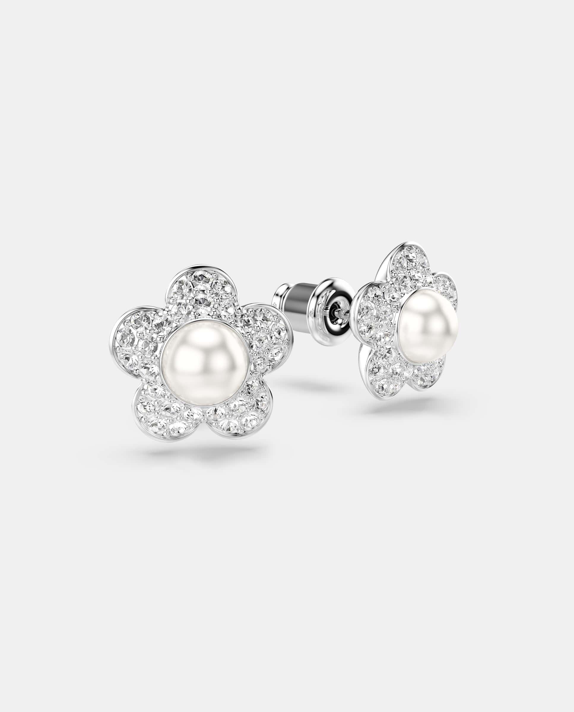 Pendientes de botón ariana grande con detalle de flor y talla redonda, baño de rodio - Swarovski - Blanco Blanco-3